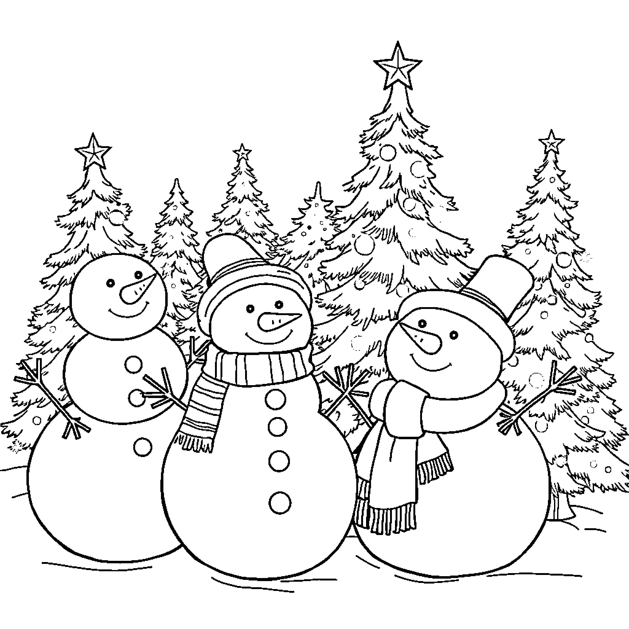 Snowmen enjoying a snowy winter day Coloring Page (free black-and-white line drawing printable PDF for all, from beginners to advanced learners, including children, teens, adults, and seniors)