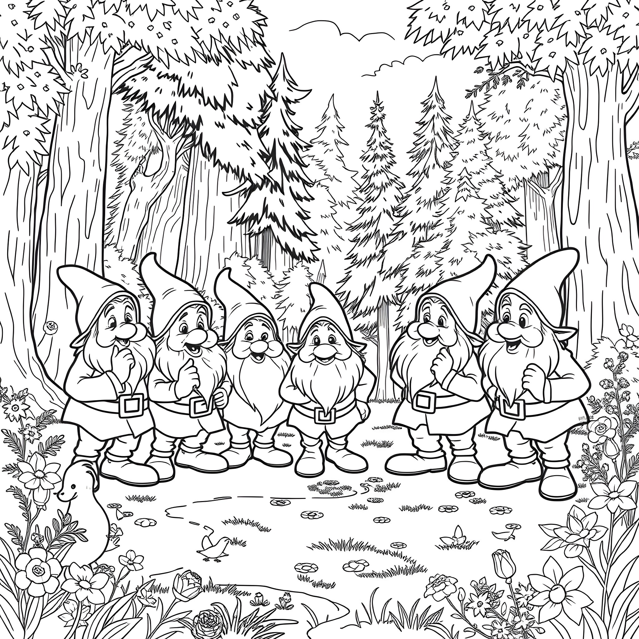 Dwarf forest friends enjoying the outdoors Coloring Page (free black-and-white line drawing printable PDF for all, from beginners to advanced learners, including children, teens, adults, and seniors)