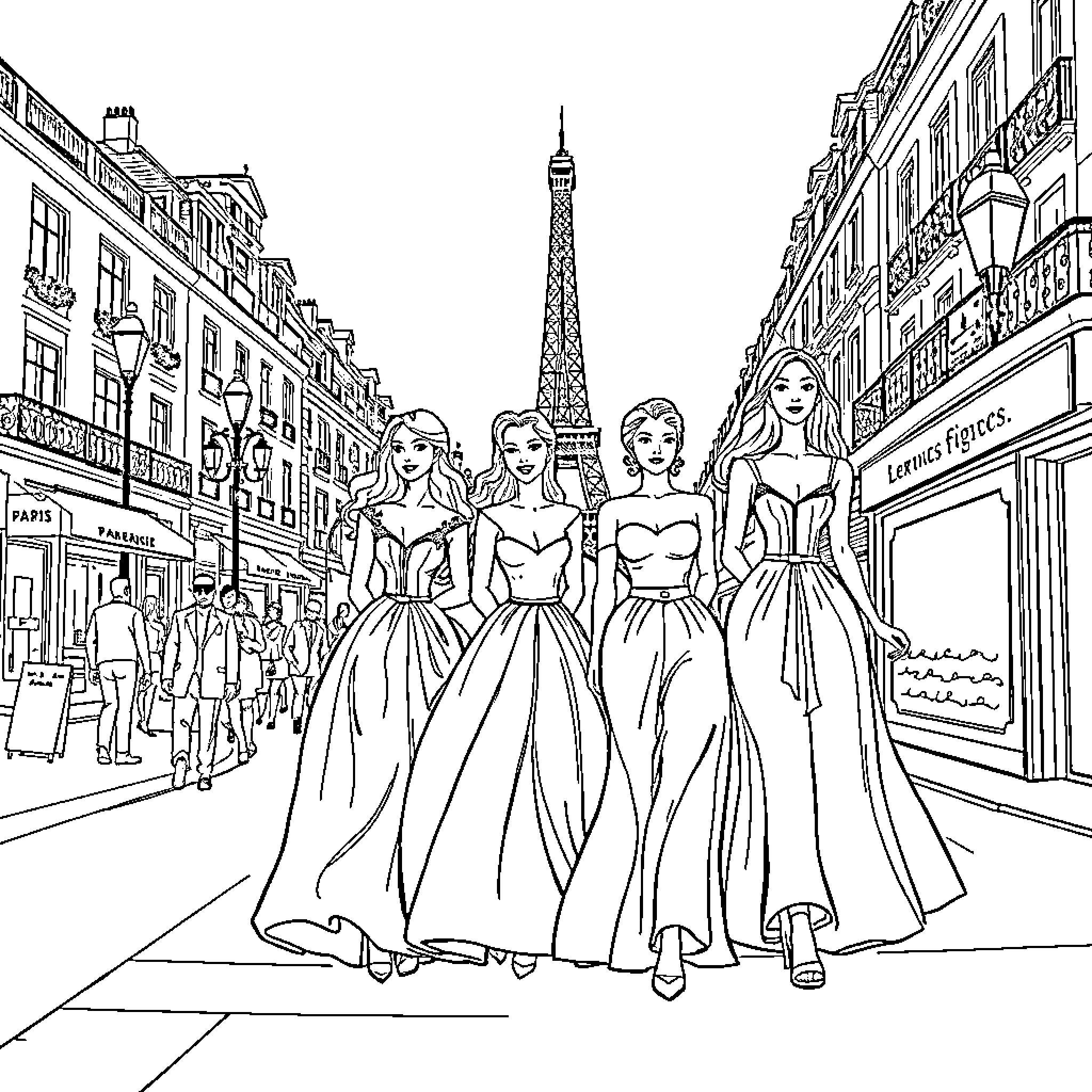 Princess Models Strolling through Parisian Streets Coloring Page (free black-and-white line drawing printable PDF for all, from beginners to advanced learners, including children, teens, adults, and seniors)