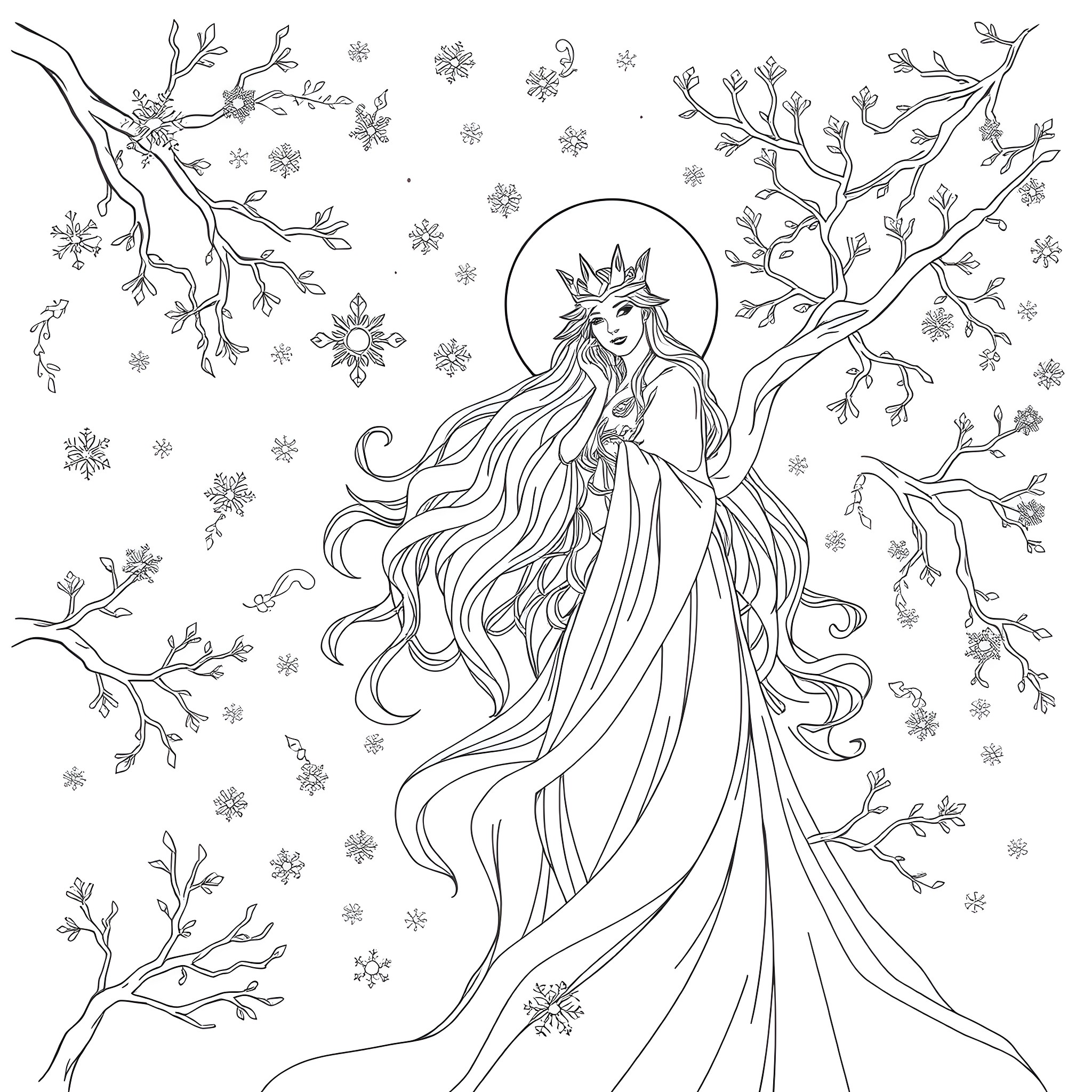 Morana, the Winter Queen amidst the snowy forest Coloring Page (free black-and-white line drawing printable PDF for all, from beginners to advanced learners, including children, teens, adults, and seniors)