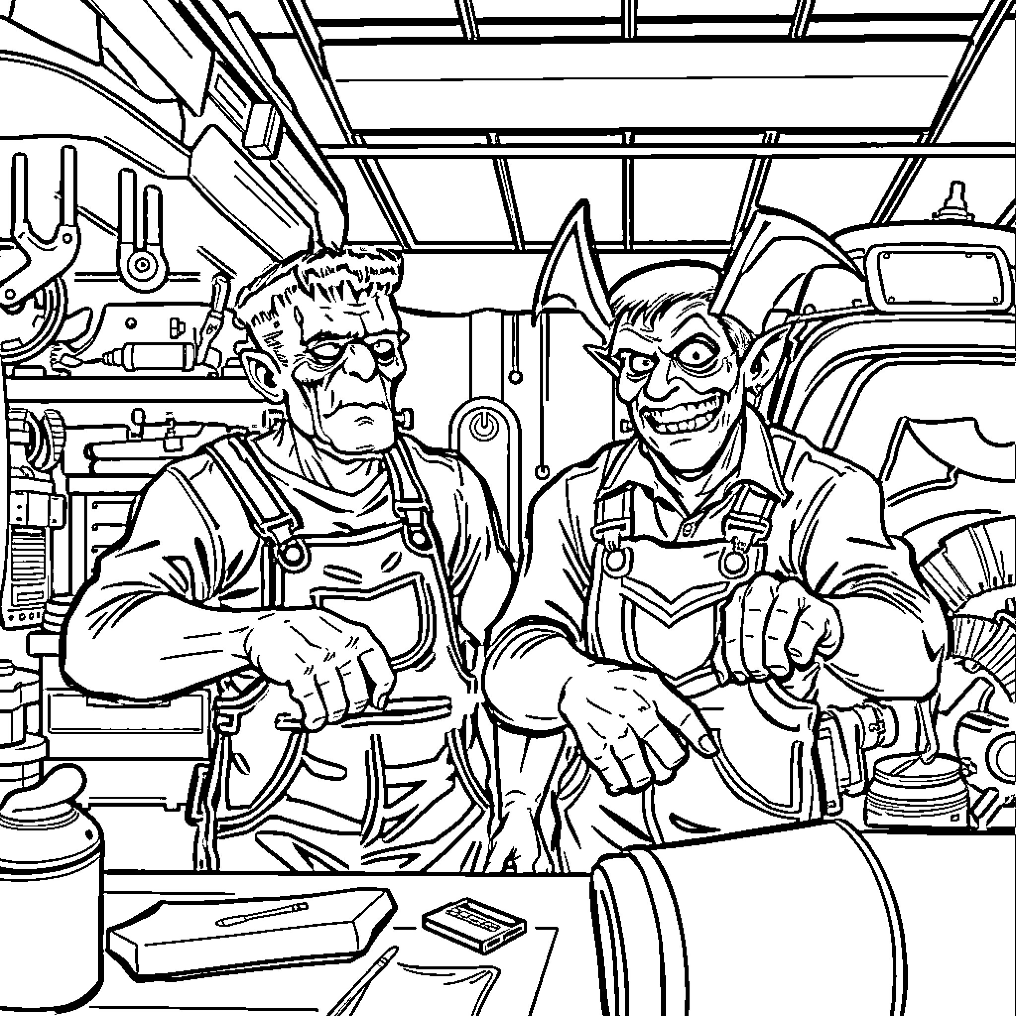 Frankenstein Monsters in Macabre Mechanical Workshop Coloring Page (free black-and-white line drawing printable PDF for all, from beginners to advanced learners, including children, teens, adults, and seniors)