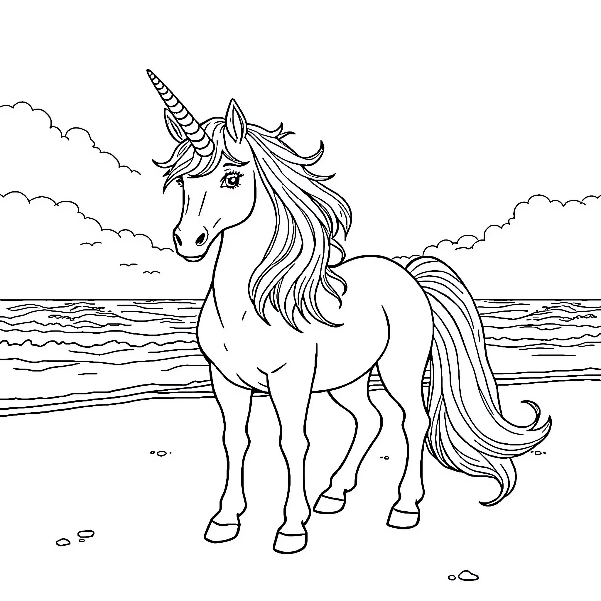 Unicorn standing proudly on the beach Coloring Page (free black-and-white line drawing printable PDF for all, from beginners to advanced learners, including children, teens, adults, and seniors)