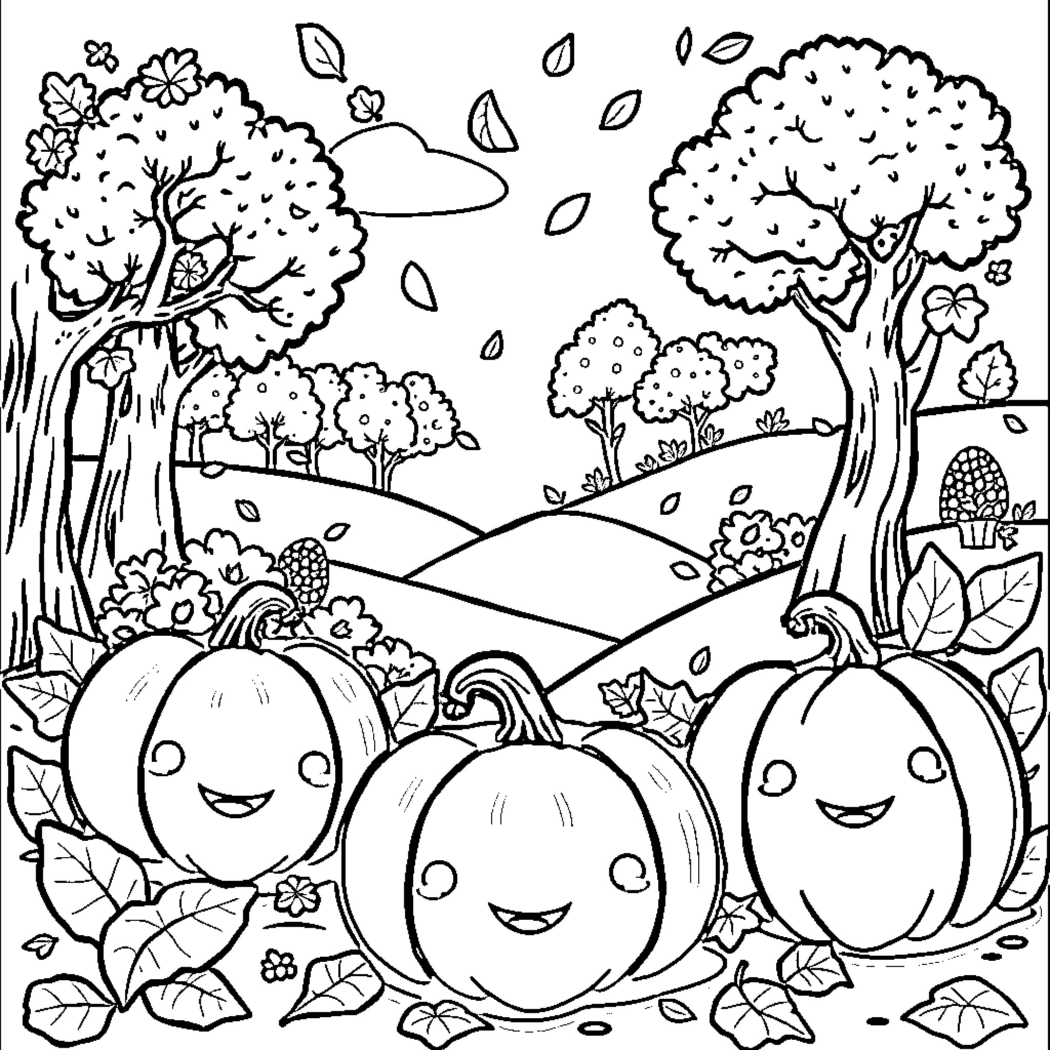 Pumpkins in a Cheerful Autumn Landscape Coloring Page (free black-and-white line drawing printable PDF for all, from beginners to advanced learners, including children, teens, adults, and seniors)