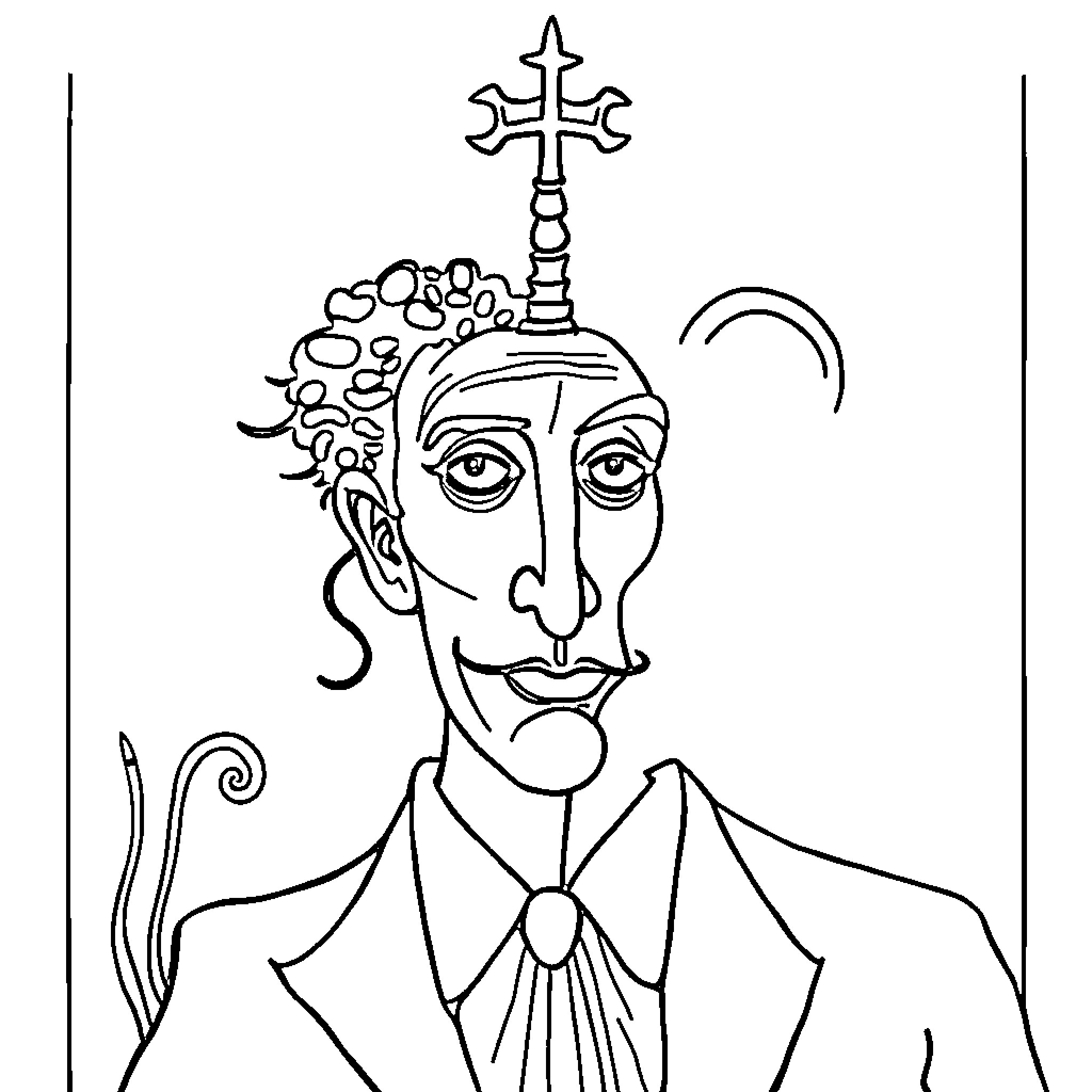 Salvador Dali's surreal self-portrait with peculiar headpiece Coloring Page (free black-and-white line drawing printable PDF for all, from beginners to advanced learners, including children, teens, adults, and seniors)