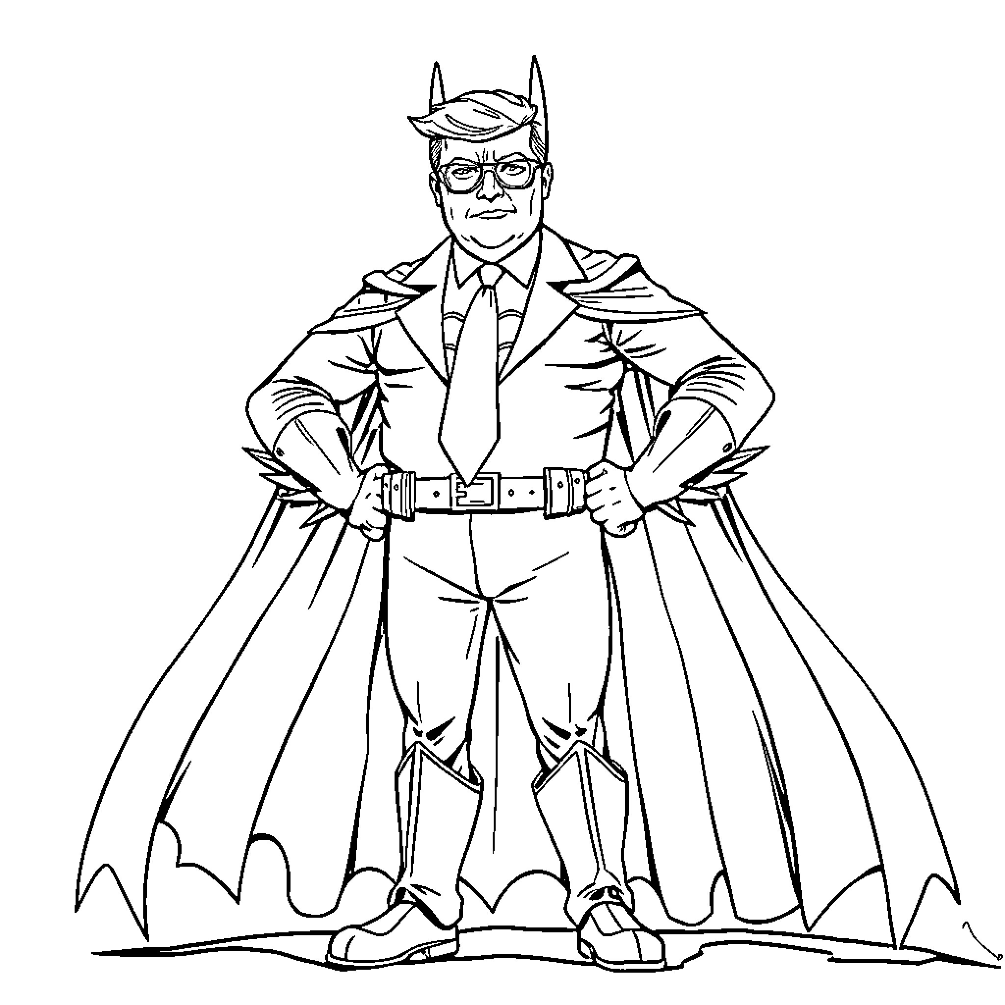 Trump dressed as a superhero with a serious expression Coloring Page (free black-and-white line drawing printable PDF for all, from beginners to advanced learners, including children, teens, adults, and seniors)