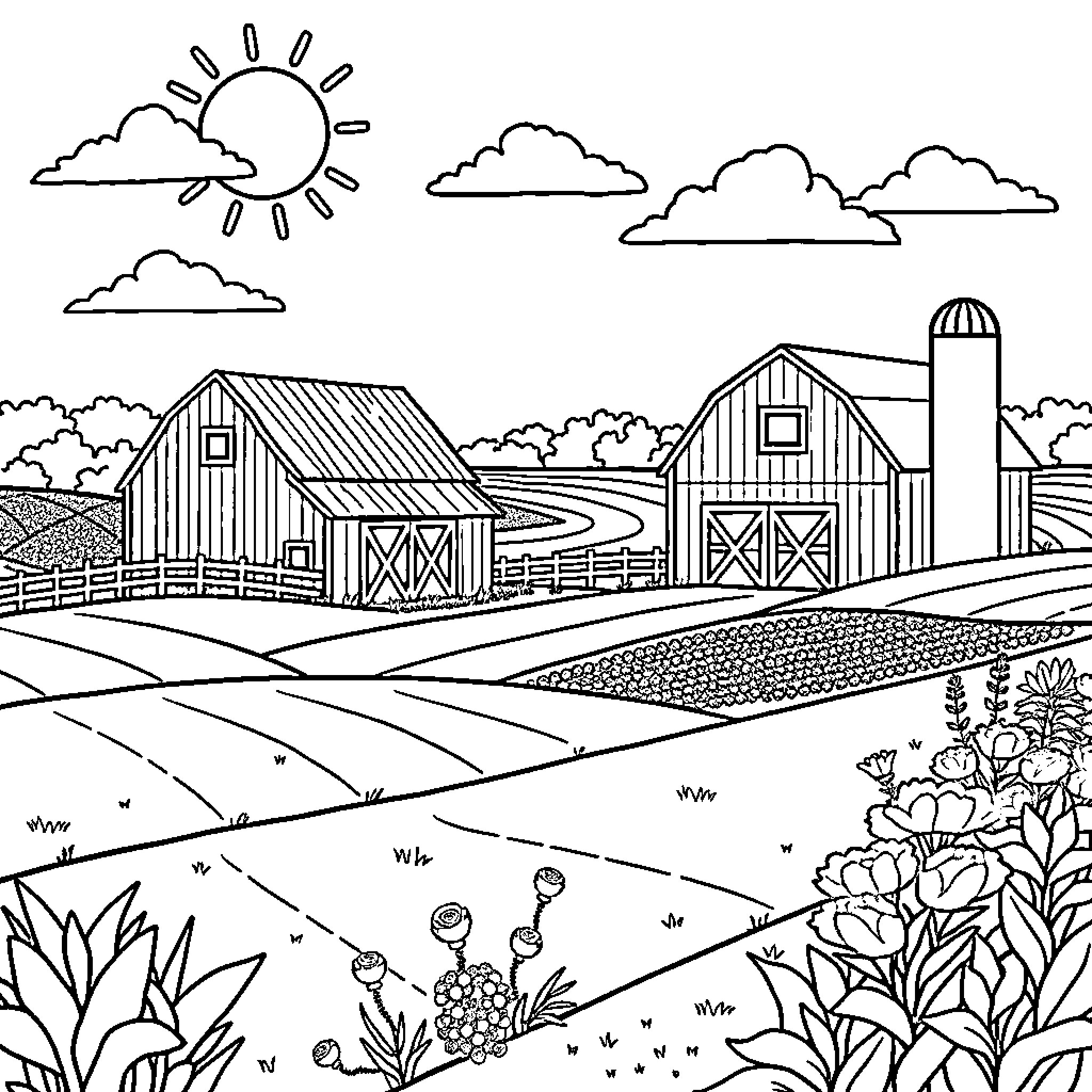 Farm with Rustic Barns and Lush Landscape Coloring Page (free black-and-white line drawing printable PDF for all, from beginners to advanced learners, including children, teens, adults, and seniors)