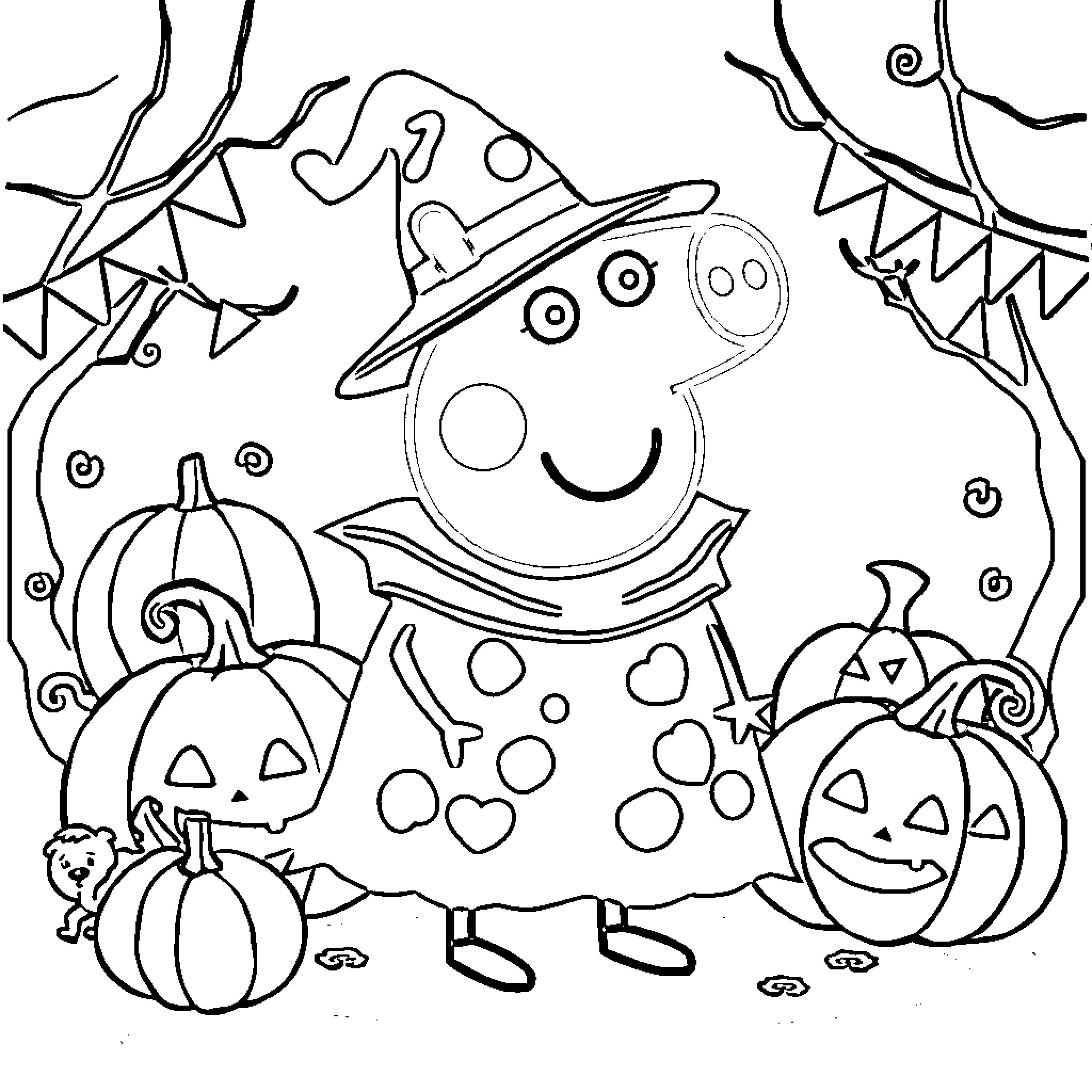 Peppa Pig's Halloween Fun with Pumpkins and Spooky Decorations Coloring Page (free black-and-white line drawing printable PDF for all, from beginners to advanced learners, including children, teens, adults, and seniors)