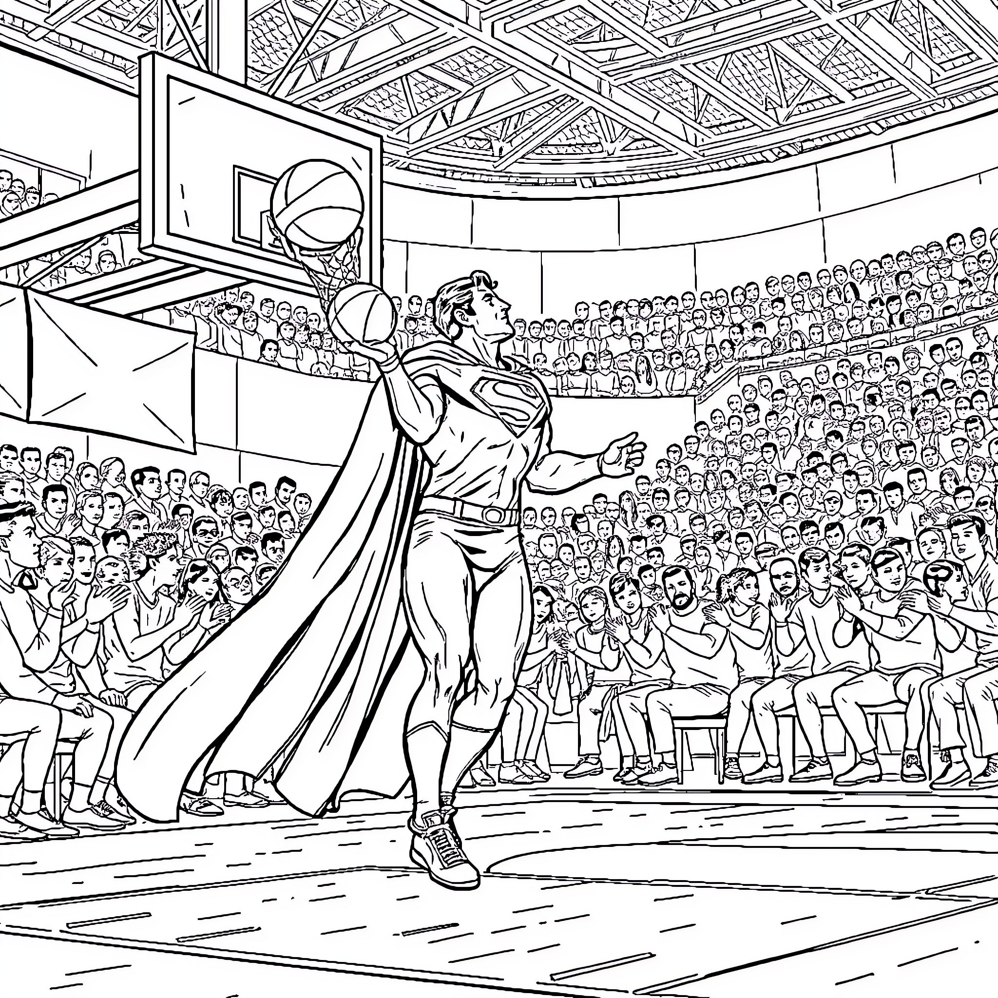 Superman saving the day in a crowded arena Coloring Page (free black-and-white line drawing printable PDF for all, from beginners to advanced learners, including children, teens, adults, and seniors)