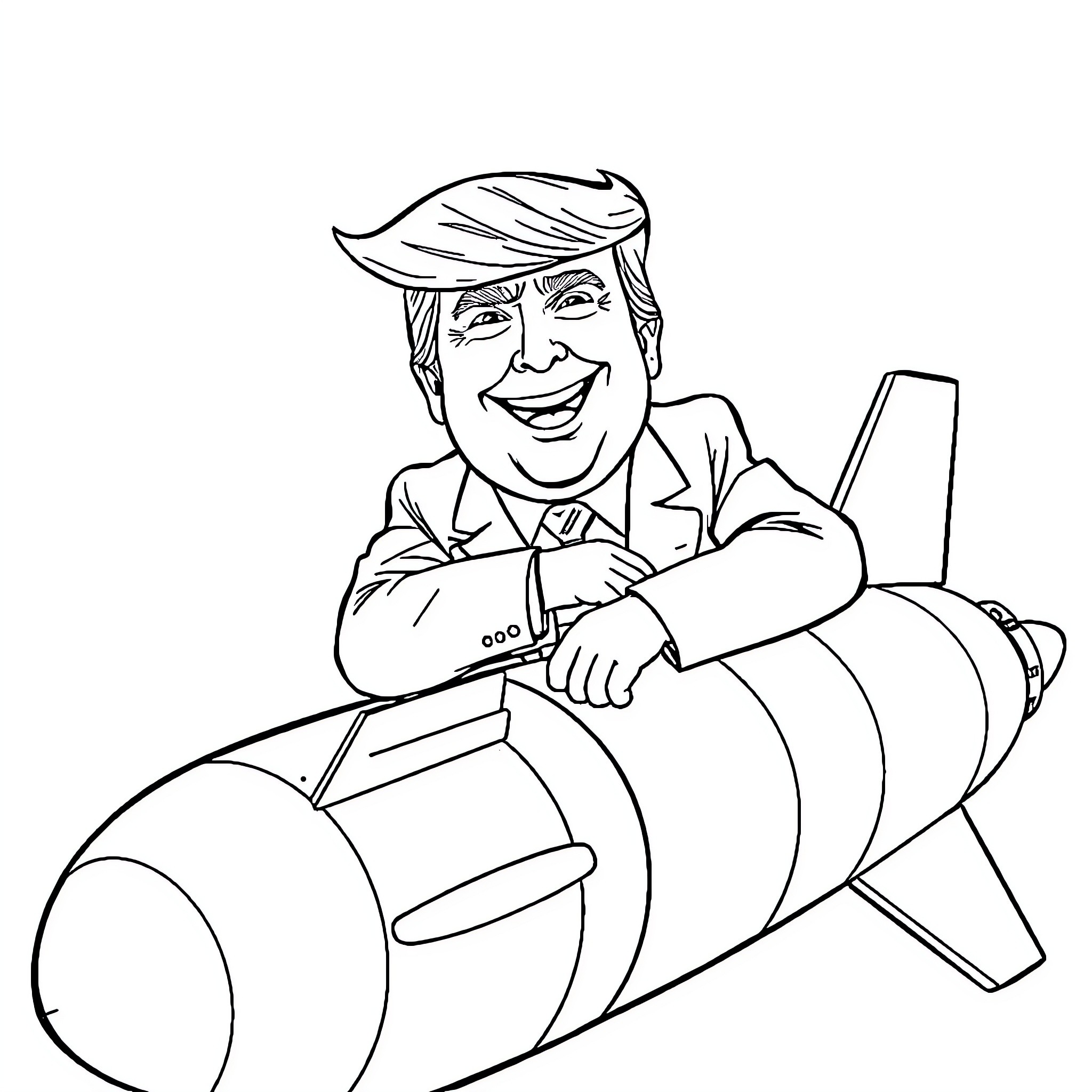 Donald Trump Riding Bomb Missile with Smirk Coloring Page (free black-and-white line drawing printable PDF for all, from beginners to advanced learners, including children, teens, adults, and seniors)