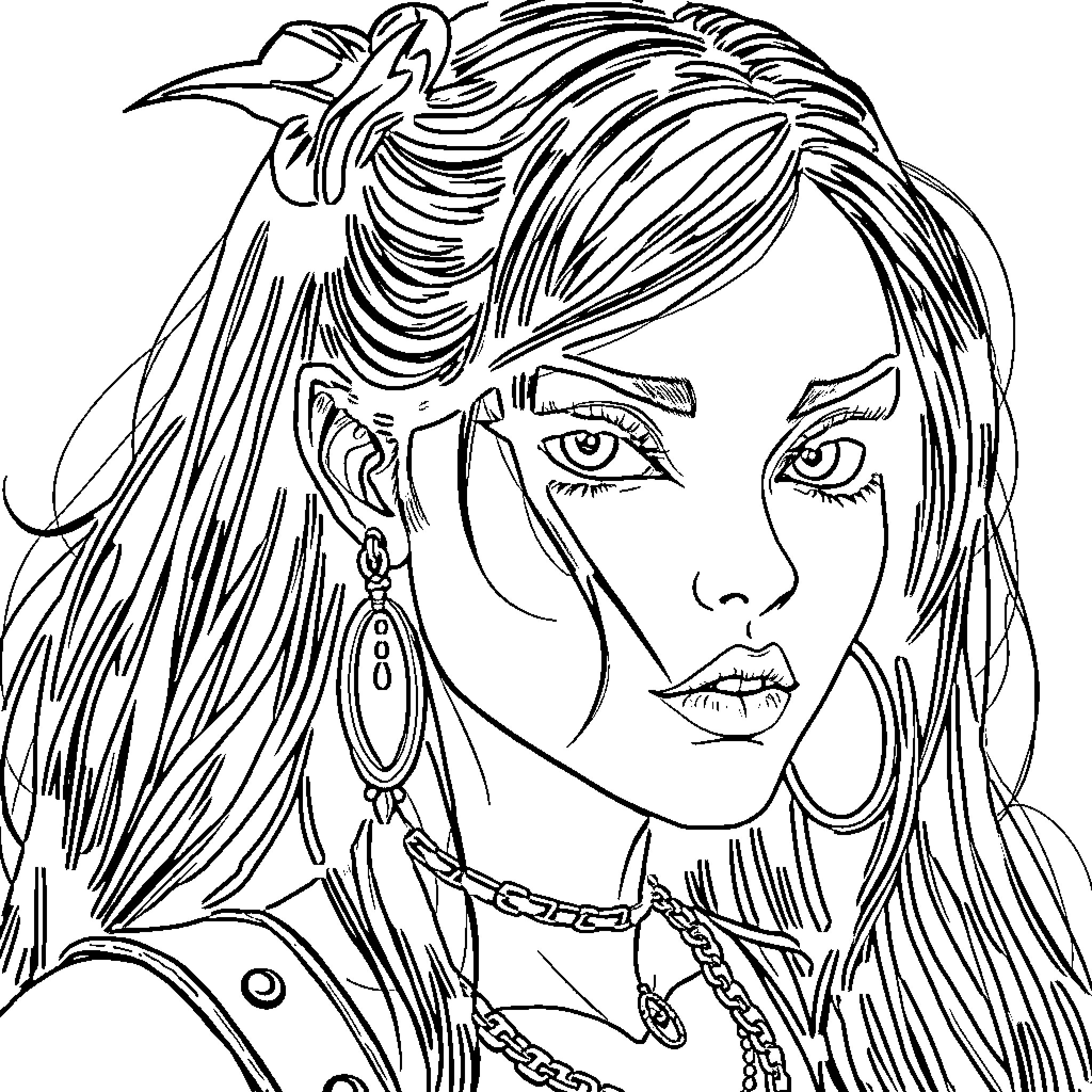 Goth Girl with Striking Expression and Edgy Accessories Coloring Page (free black-and-white line drawing printable PDF for all, from beginners to advanced learners, including children, teens, adults, and seniors)
