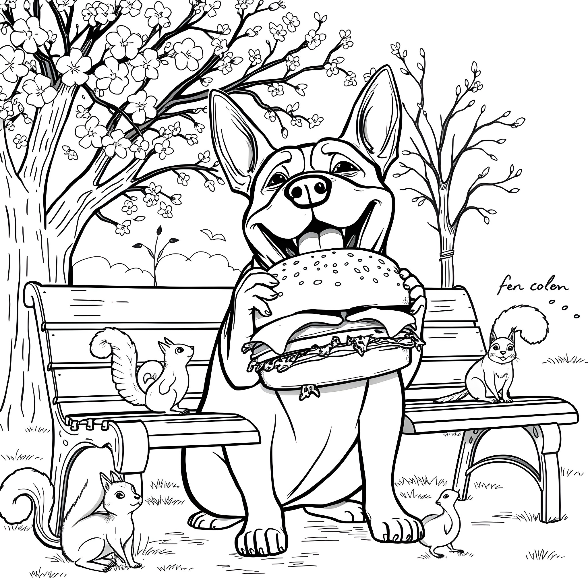Dogman eating a burger in the park Coloring Page (free black-and-white line drawing printable PDF for all, from beginners to advanced learners, including children, teens, adults, and seniors)