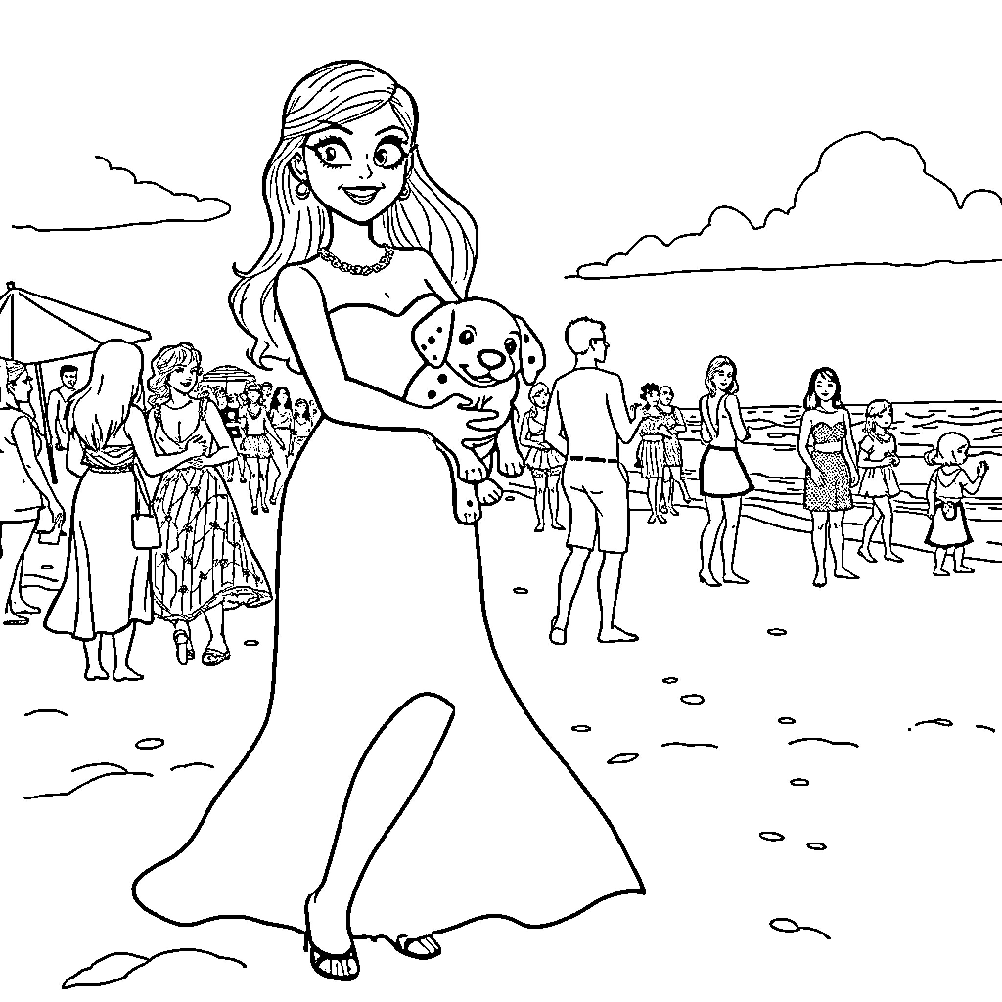 Wednesday Adams attends a beach party with her pet Coloring Page (free black-and-white line drawing printable PDF for all, from beginners to advanced learners, including children, teens, adults, and seniors)