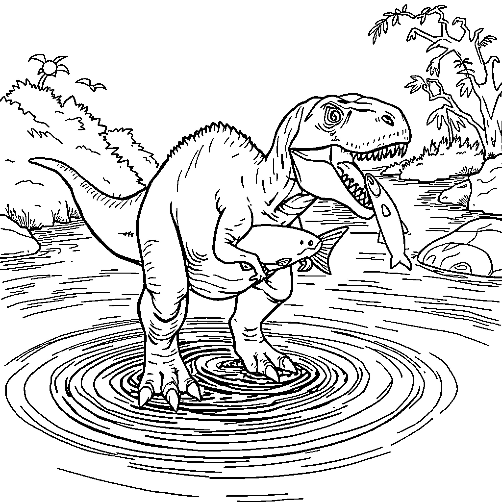 Baryonyx hunting in a prehistoric landscape Coloring Page (free black-and-white line drawing printable PDF for all, from beginners to advanced learners, including children, teens, adults, and seniors)
