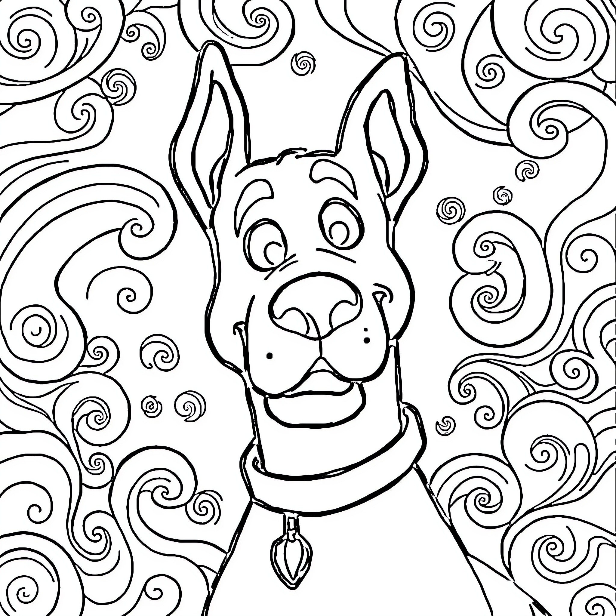 Scooby Doo's Swirling Adventure Coloring Page (free black-and-white line drawing printable PDF for all, from beginners to advanced learners, including children, teens, adults, and seniors)
