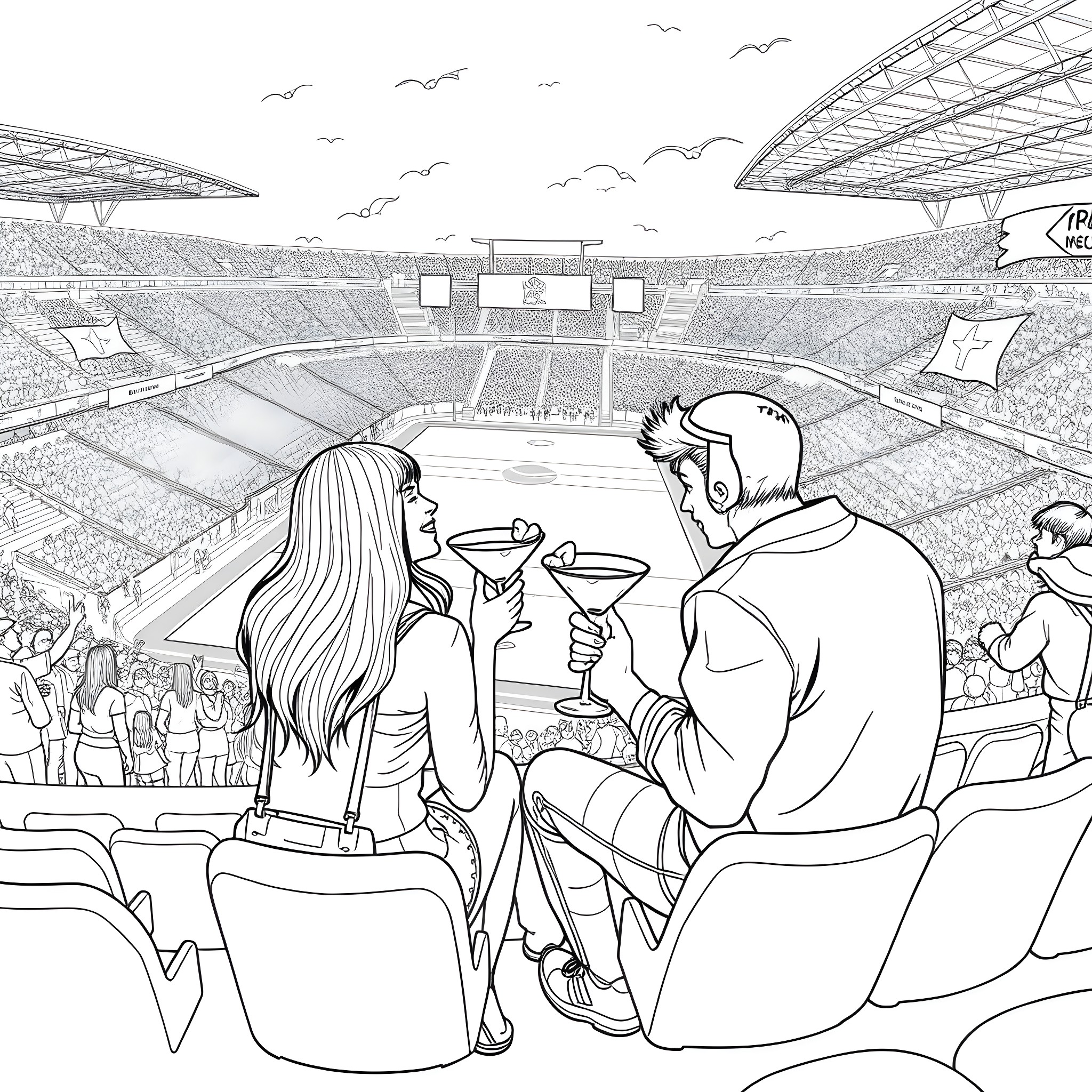 Girl and Boy Enjoying Drinks at the Stadium Coloring Page (free black-and-white line drawing printable PDF for all, from beginners to advanced learners, including children, teens, adults, and seniors)