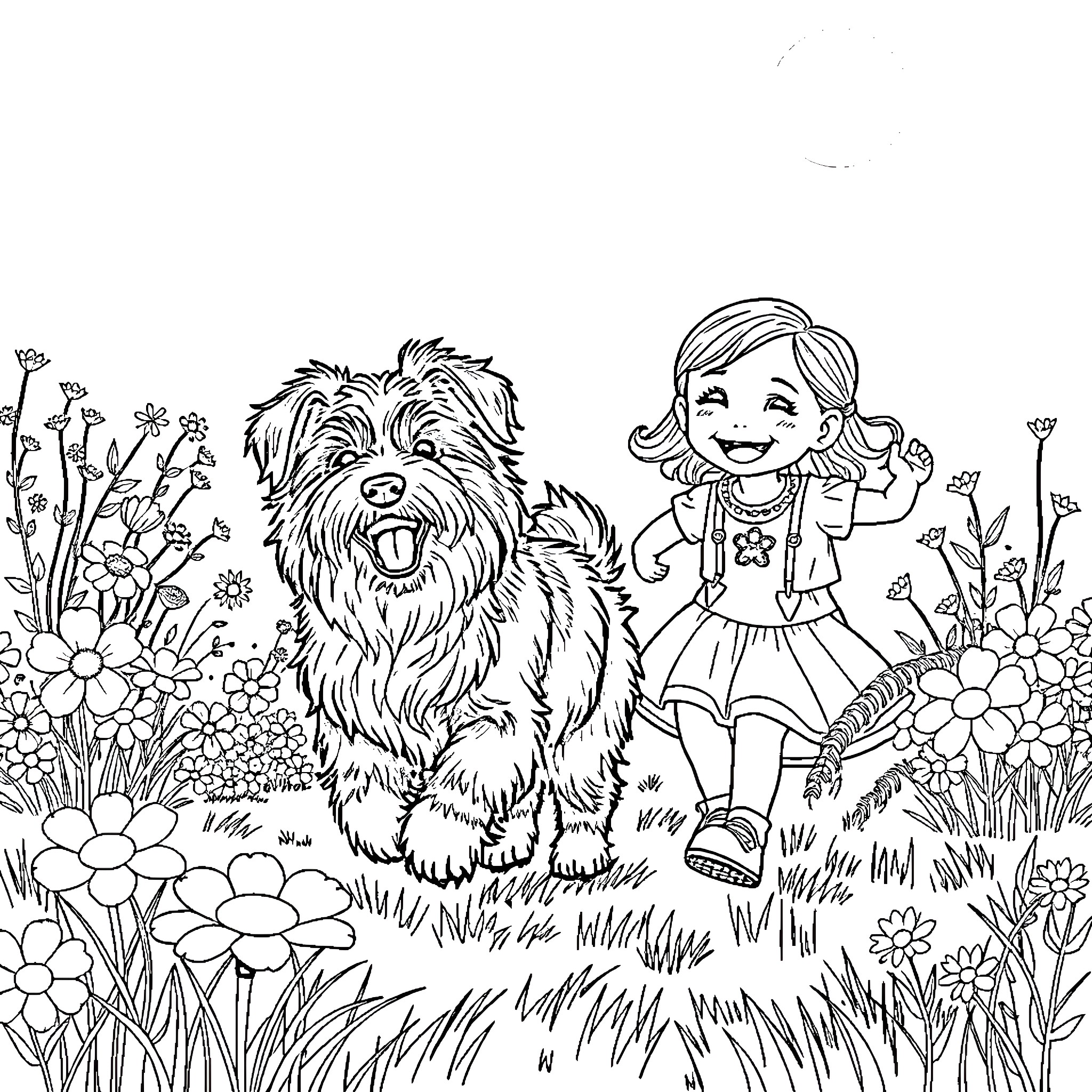 Tibetan Terrier playing joyfully with a young girl in a lush garden Coloring Page (free black-and-white line drawing printable PDF for all, from beginners to advanced learners, including children, teens, adults, and seniors)