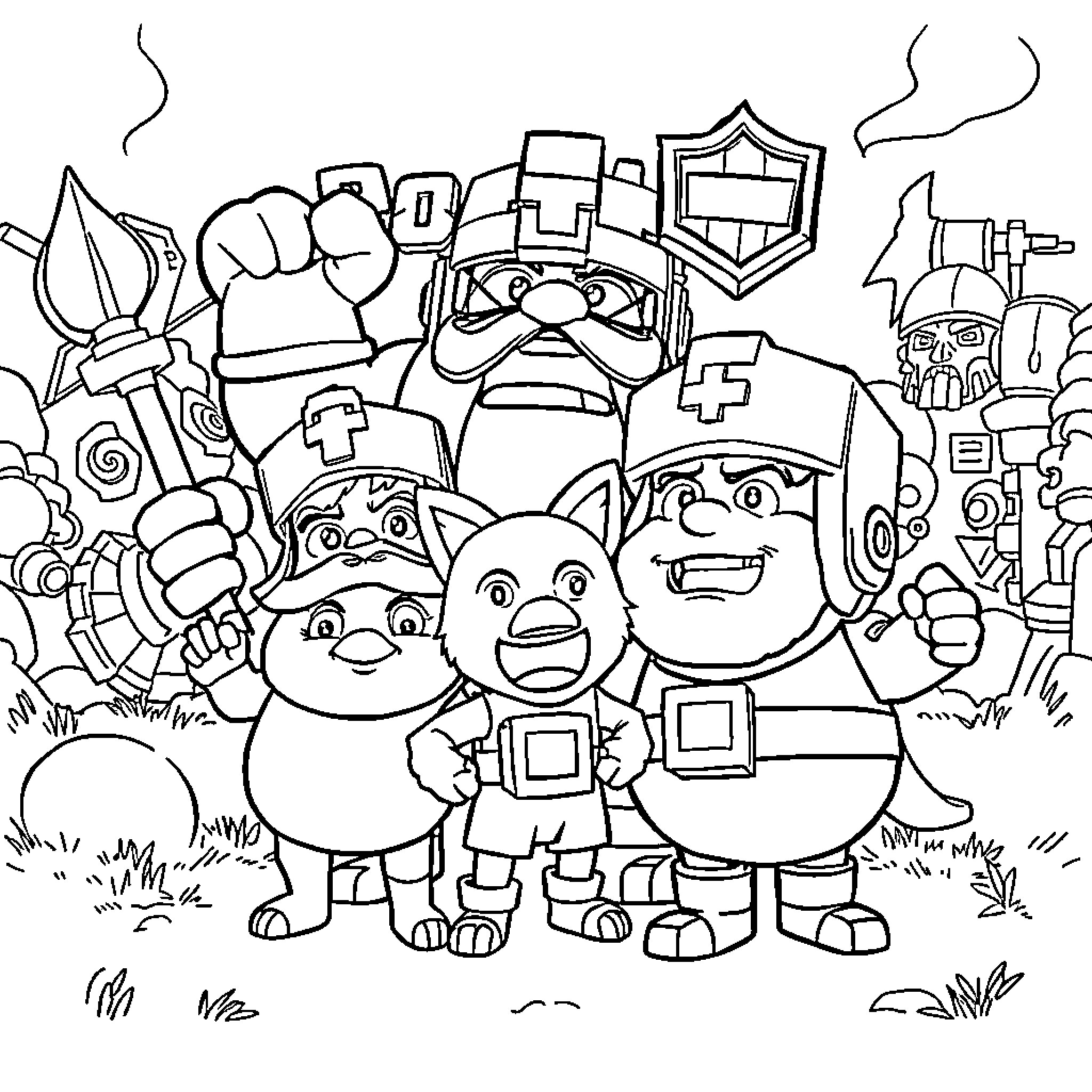 Pekka and friends in a fantasy world Coloring Page (free black-and-white line drawing printable PDF for all, from beginners to advanced learners, including children, teens, adults, and seniors)