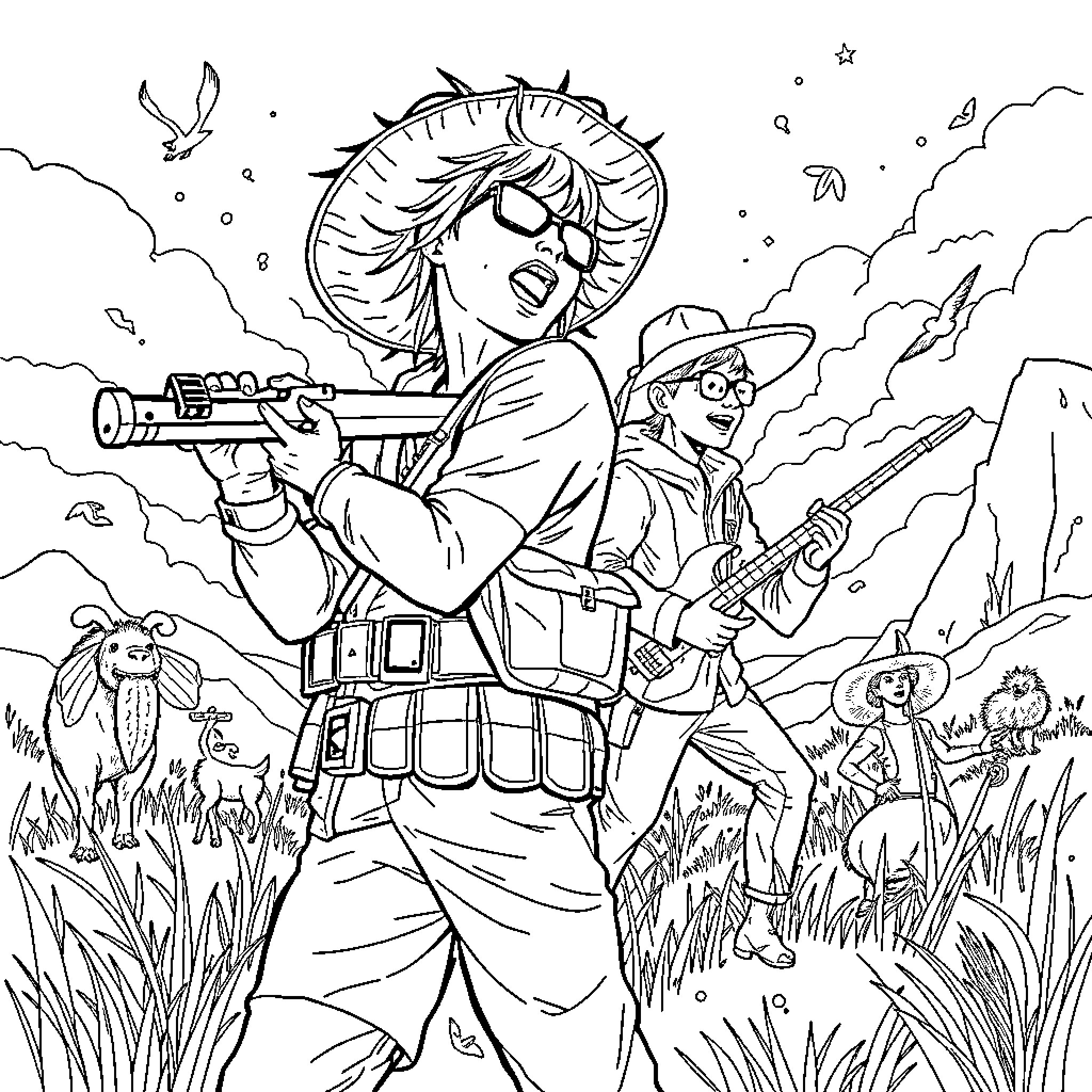 K Pop Adventure in the Wilderness Coloring Page (free black-and-white line drawing printable PDF for all, from beginners to advanced learners, including children, teens, adults, and seniors)