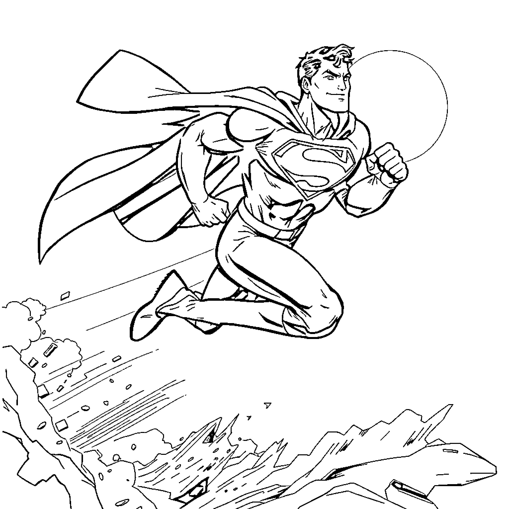 Superman in mid-flight action pose Coloring Page (free black-and-white line drawing printable PDF for all, from beginners to advanced learners, including children, teens, adults, and seniors)