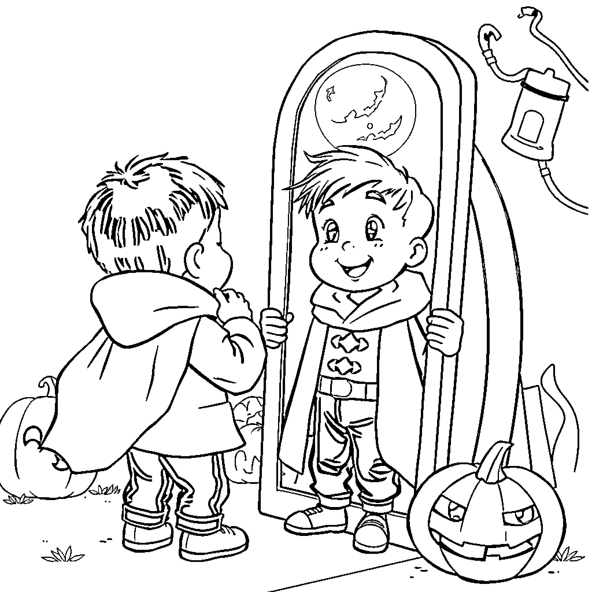 Boy Exploring Halloween Decorations Coloring Page (free black-and-white line drawing printable PDF for all, from beginners to advanced learners, including children, teens, adults, and seniors)