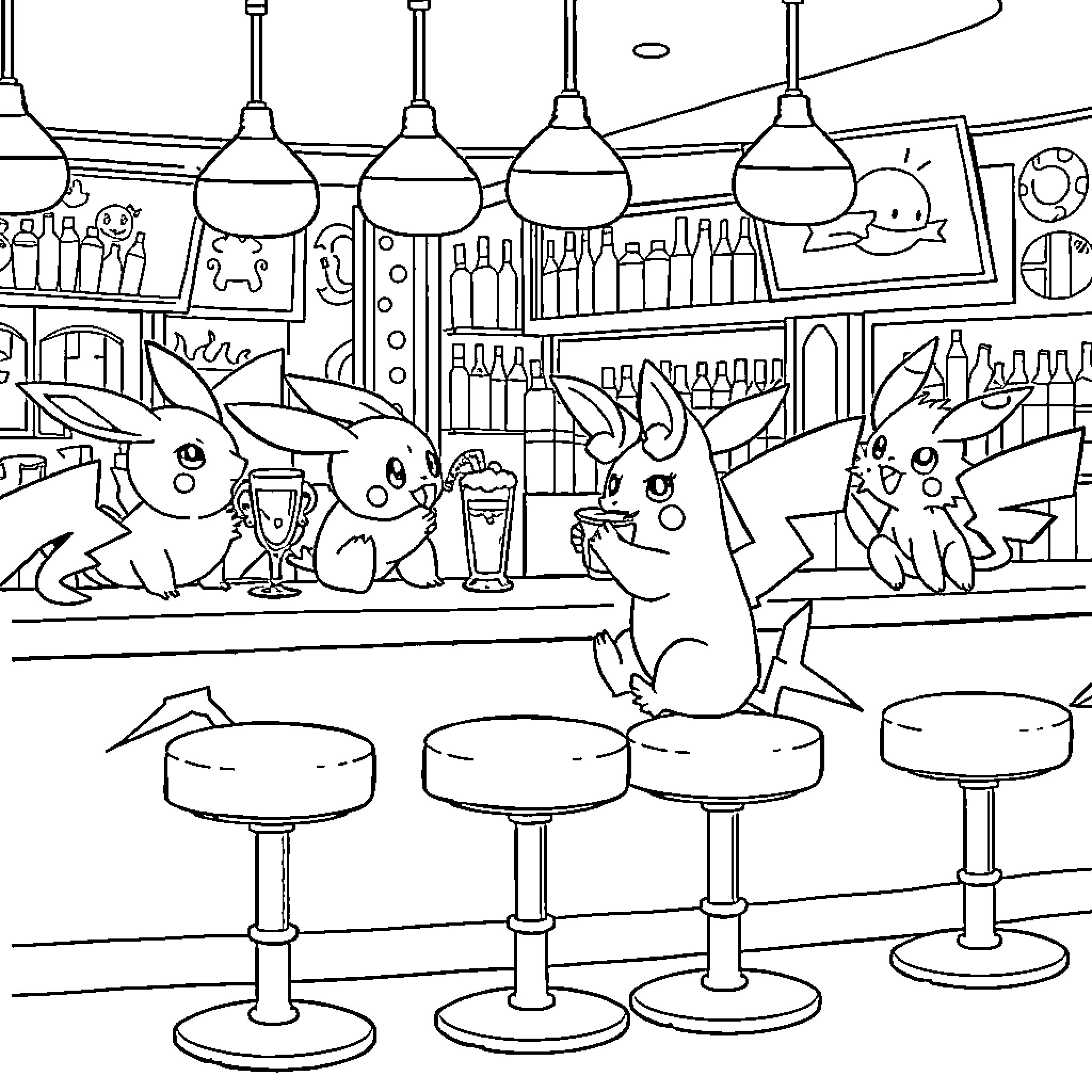 Pokémon enjoying a night out at the bar Coloring Page (free black-and-white line drawing printable PDF for all, from beginners to advanced learners, including children, teens, adults, and seniors)