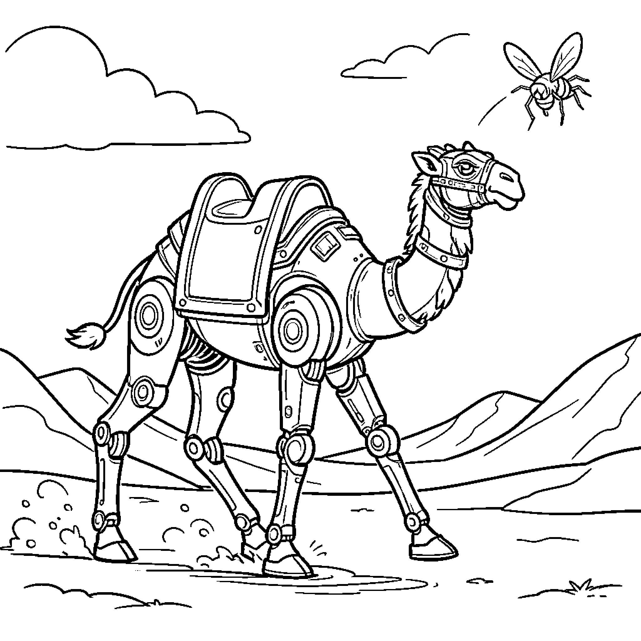Robot Camel walking through a desert landscape Coloring Page (free black-and-white line drawing printable PDF for all, from beginners to advanced learners, including children, teens, adults, and seniors)