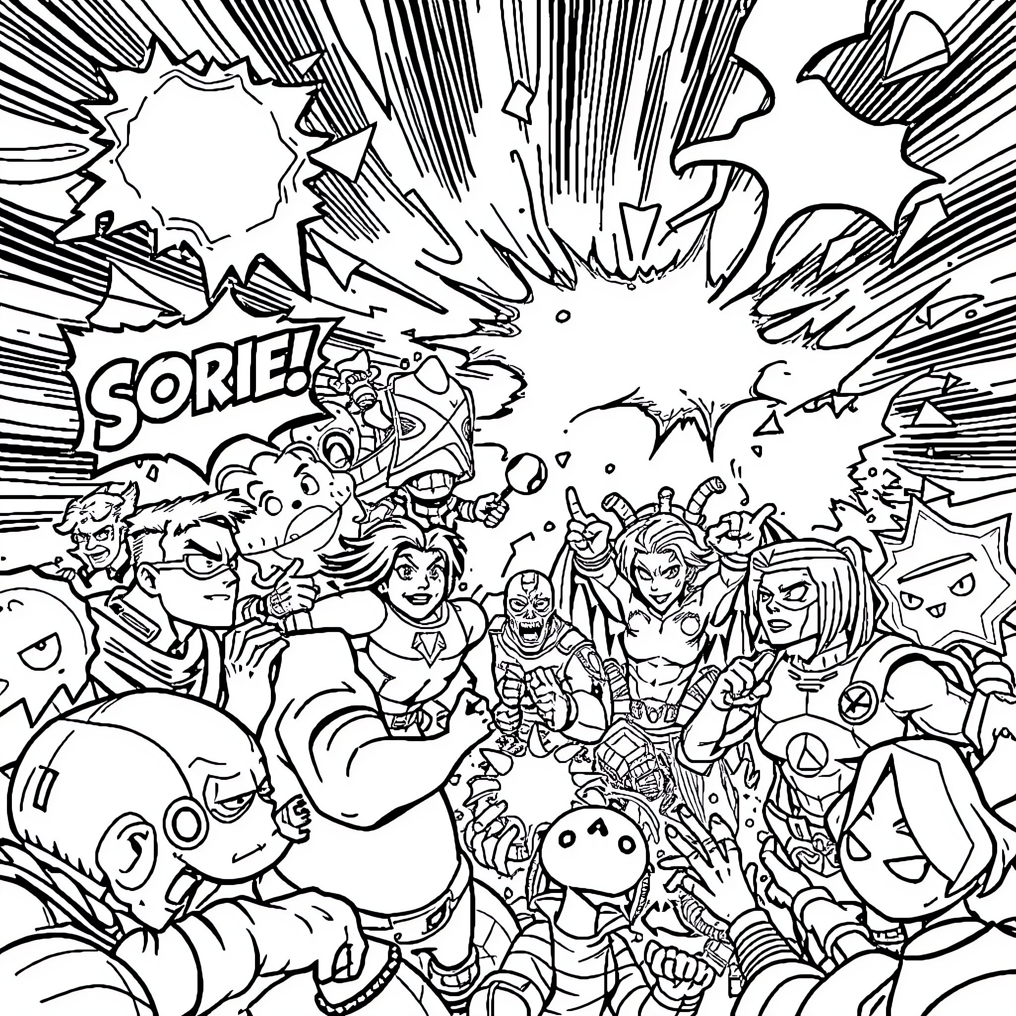 Comic Chaos of Quirky Characters in Outrageous Action Coloring Page (free black-and-white line drawing printable PDF for all, from beginners to advanced learners, including children, teens, adults, and seniors)