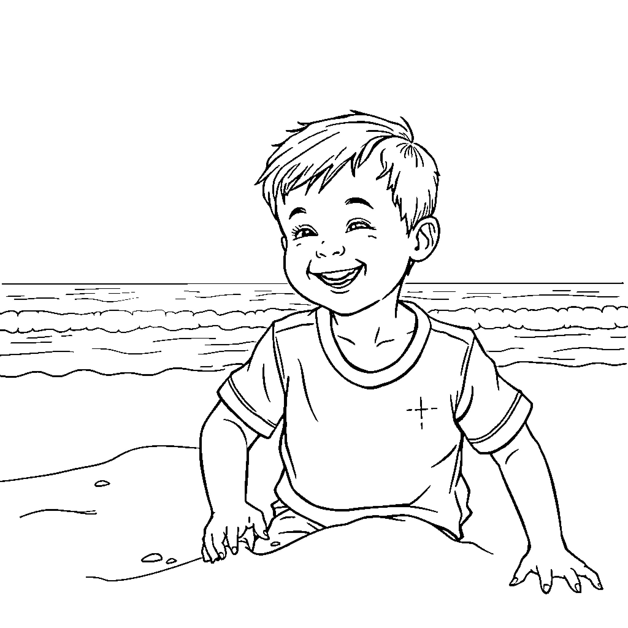 Boy smiling joyfully at the beach Coloring Page (free black-and-white line drawing printable PDF for all, from beginners to advanced learners, including children, teens, adults, and seniors)