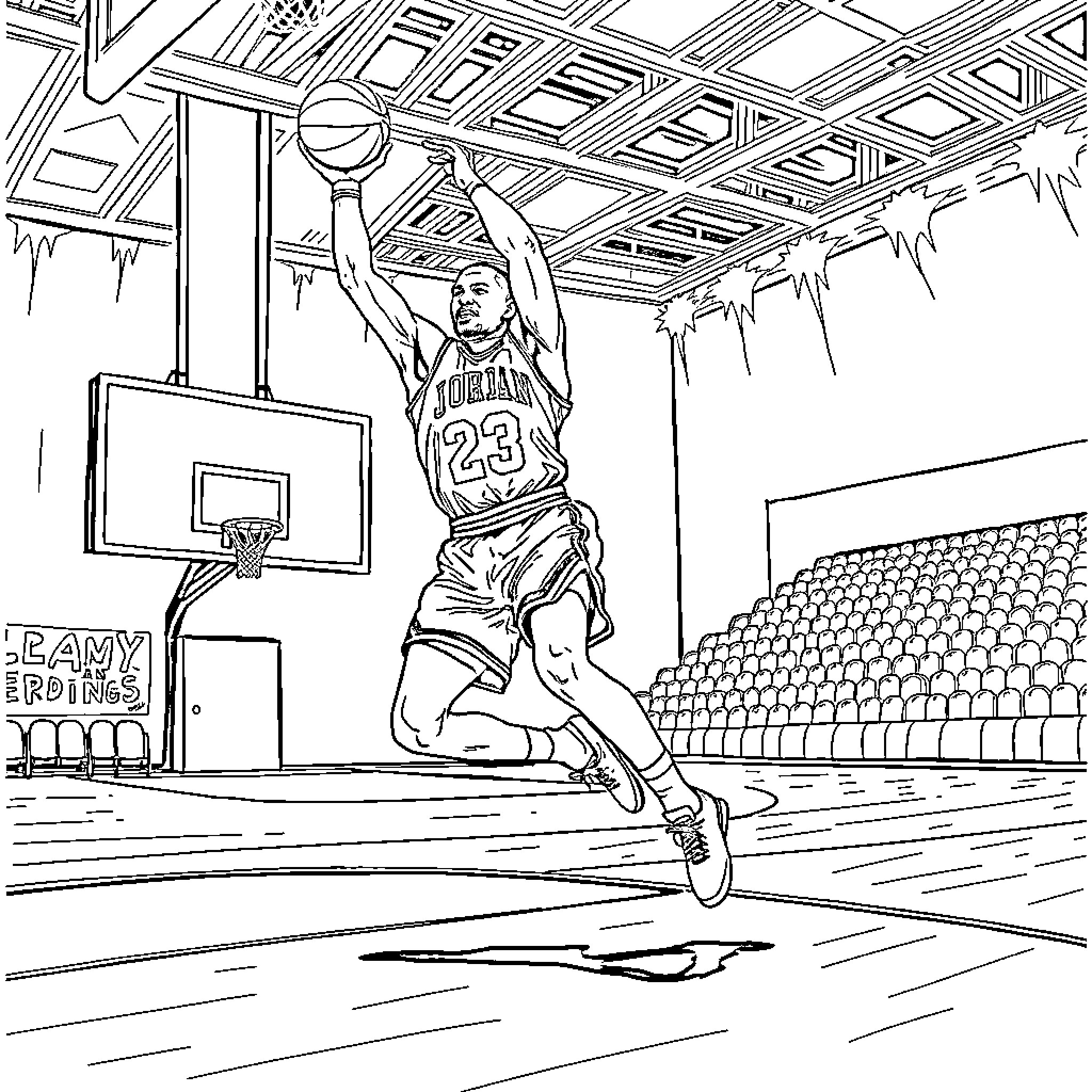 Michael Jordan Slam Dunk in Basketball Arena Coloring Page (free black-and-white line drawing printable PDF for all, from beginners to advanced learners, including children, teens, adults, and seniors)