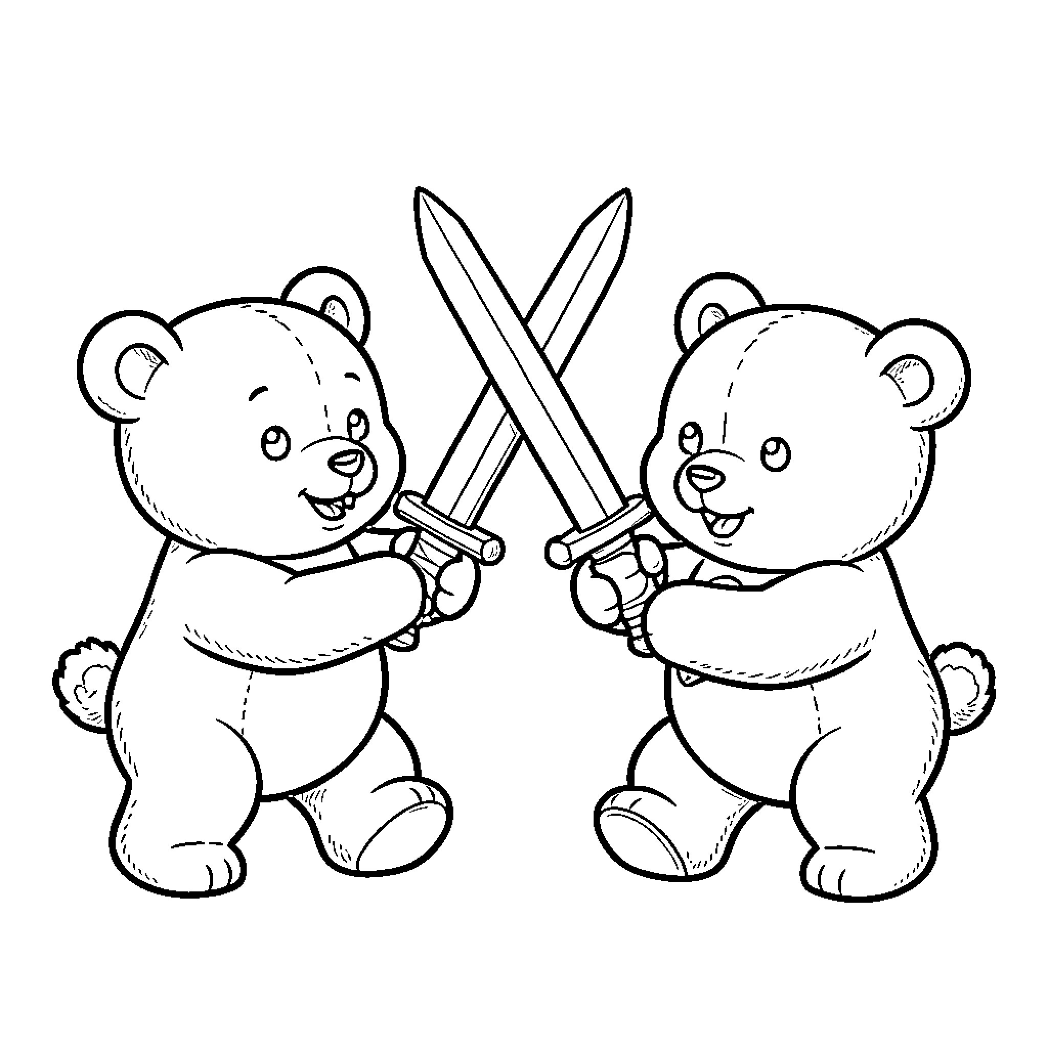 Teddy Bear warriors engaging in a friendly sword duel Coloring Page (free black-and-white line drawing printable PDF for all, from beginners to advanced learners, including children, teens, adults, and seniors)
