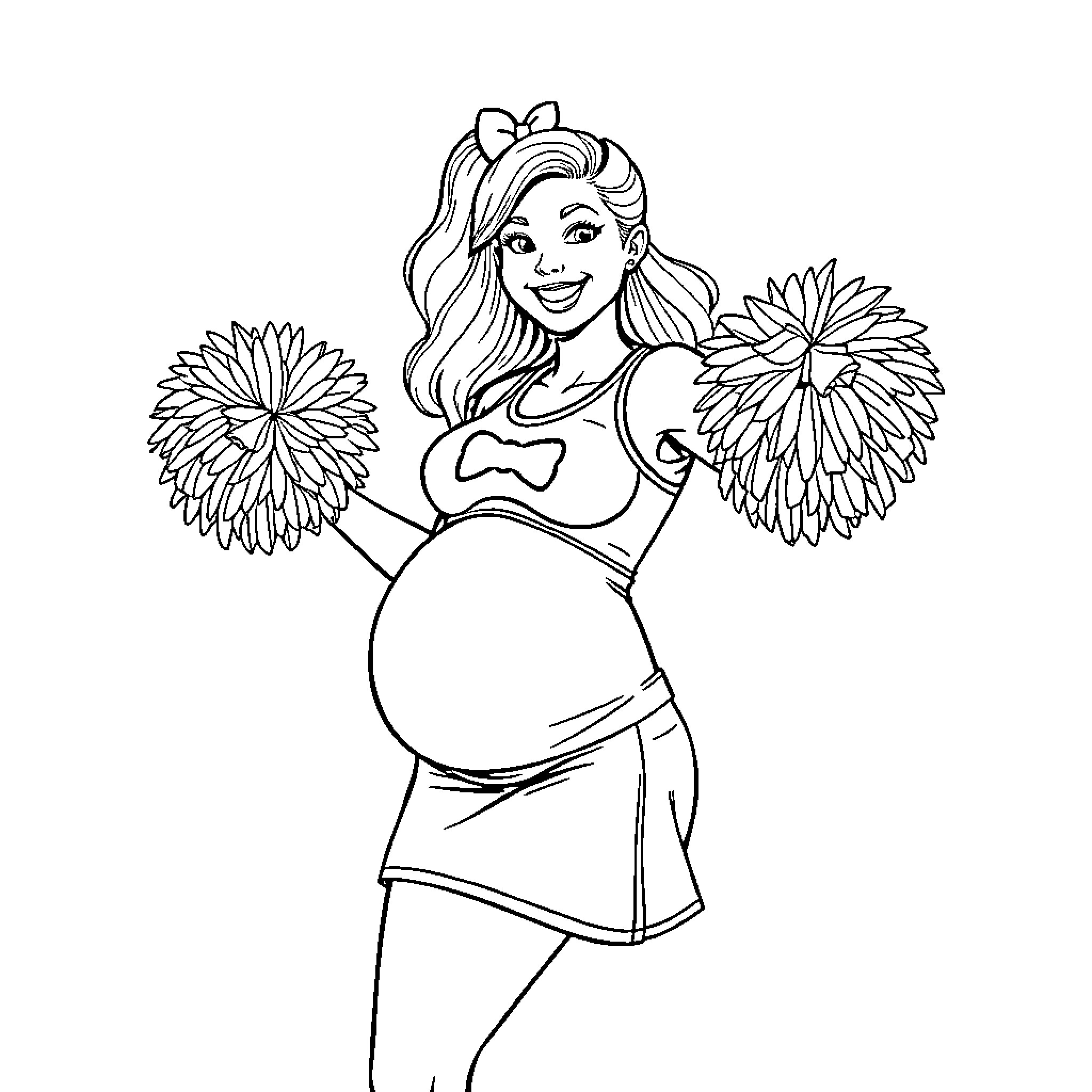 Cheerleader Celebrates Pregnancy with Joyful Pom Poms Coloring Page (free black-and-white line drawing printable PDF for all, from beginners to advanced learners, including children, teens, adults, and seniors)