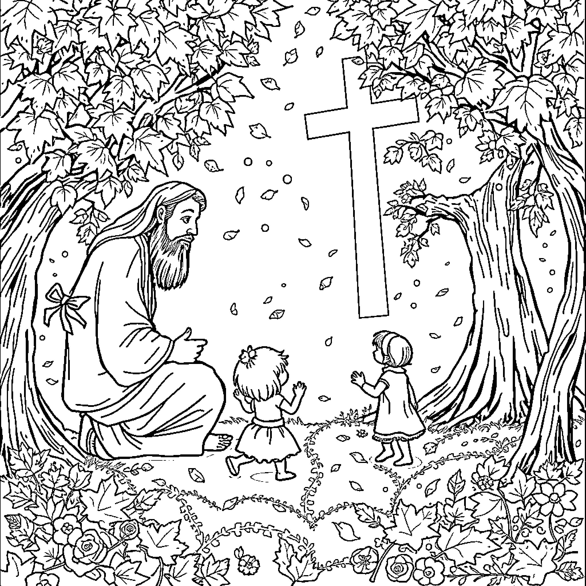 God's Loving Embrace Brings Peace to the Faithful Coloring Page (free black-and-white line drawing printable PDF for all, from beginners to advanced learners, including children, teens, adults, and seniors)