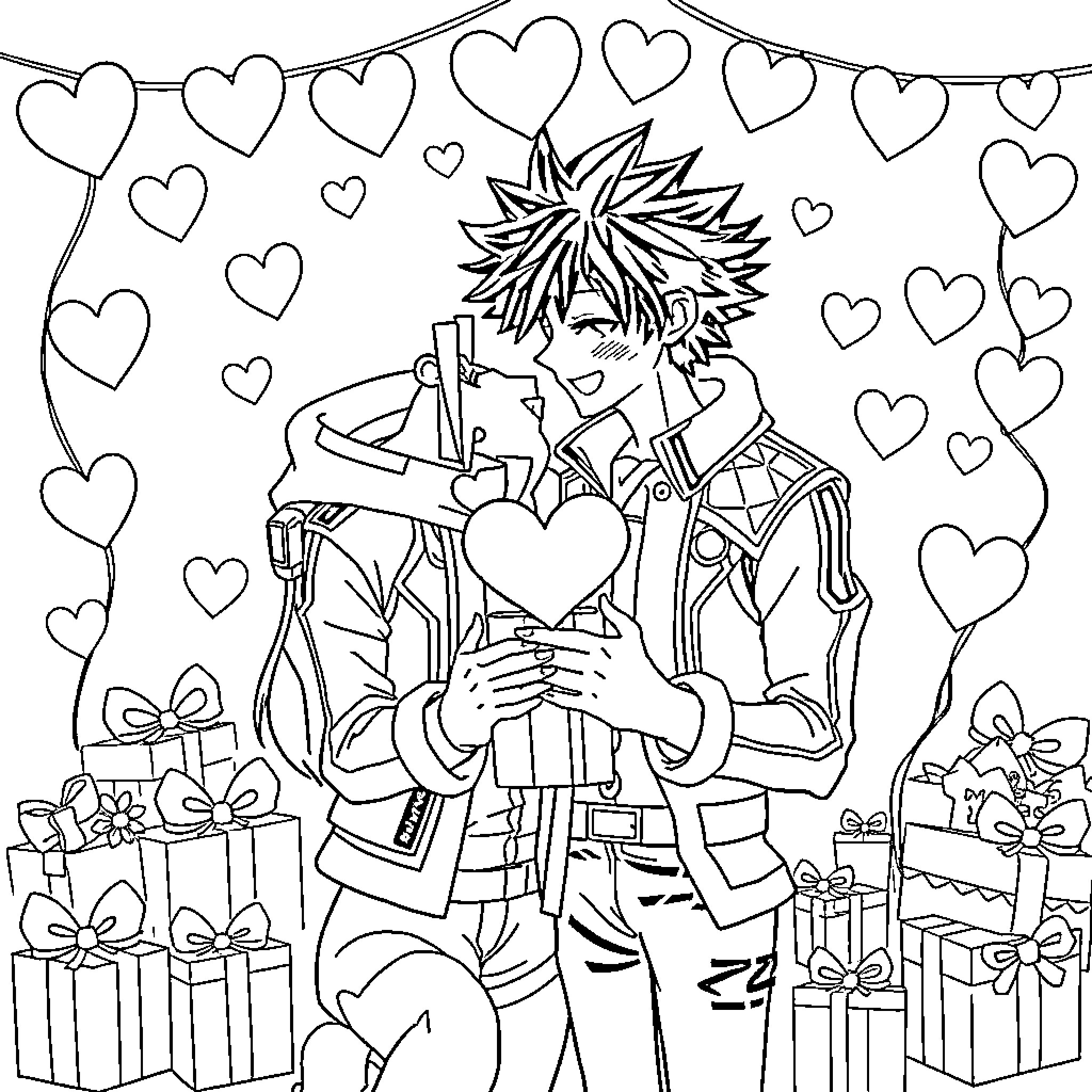 Aizawa's Joyful Celebration Surrounded by Hearts Coloring Page (free black-and-white line drawing printable PDF for all, from beginners to advanced learners, including children, teens, adults, and seniors)