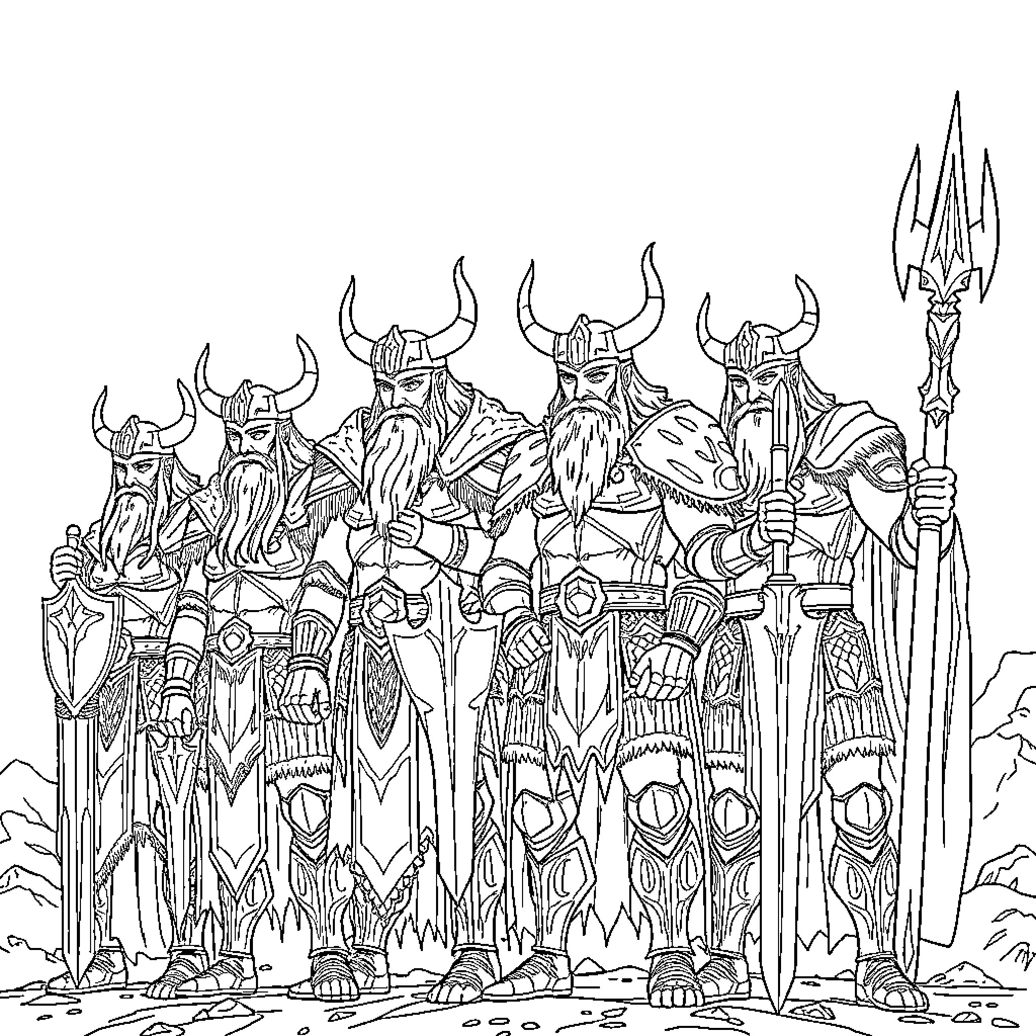 Odin and his army of Viking warriors Coloring Page (free black-and-white line drawing printable PDF for all, from beginners to advanced learners, including children, teens, adults, and seniors)