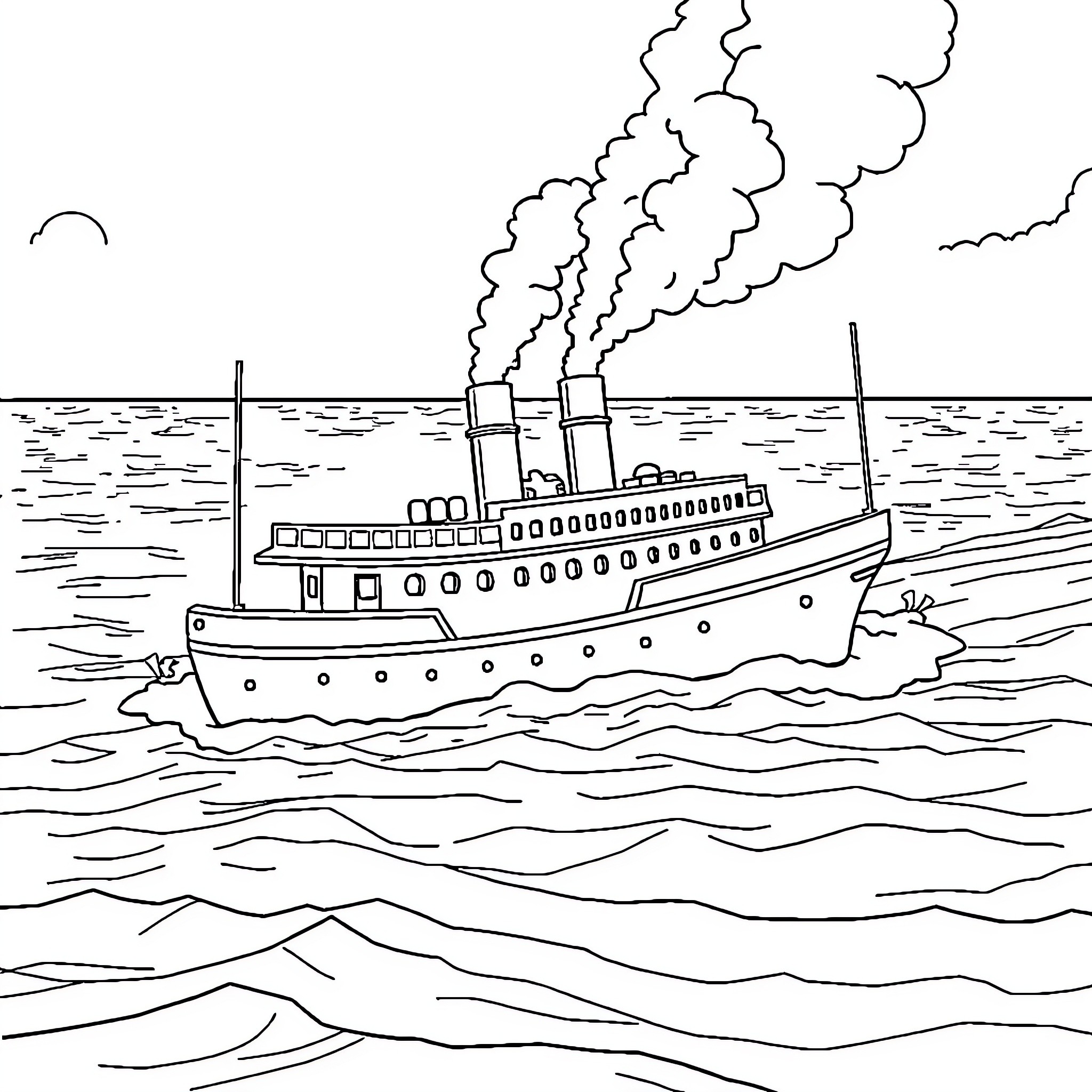 Boat sailing on the open sea with smoke Coloring Page (free black-and-white line drawing printable PDF for all, from beginners to advanced learners, including children, teens, adults, and seniors)