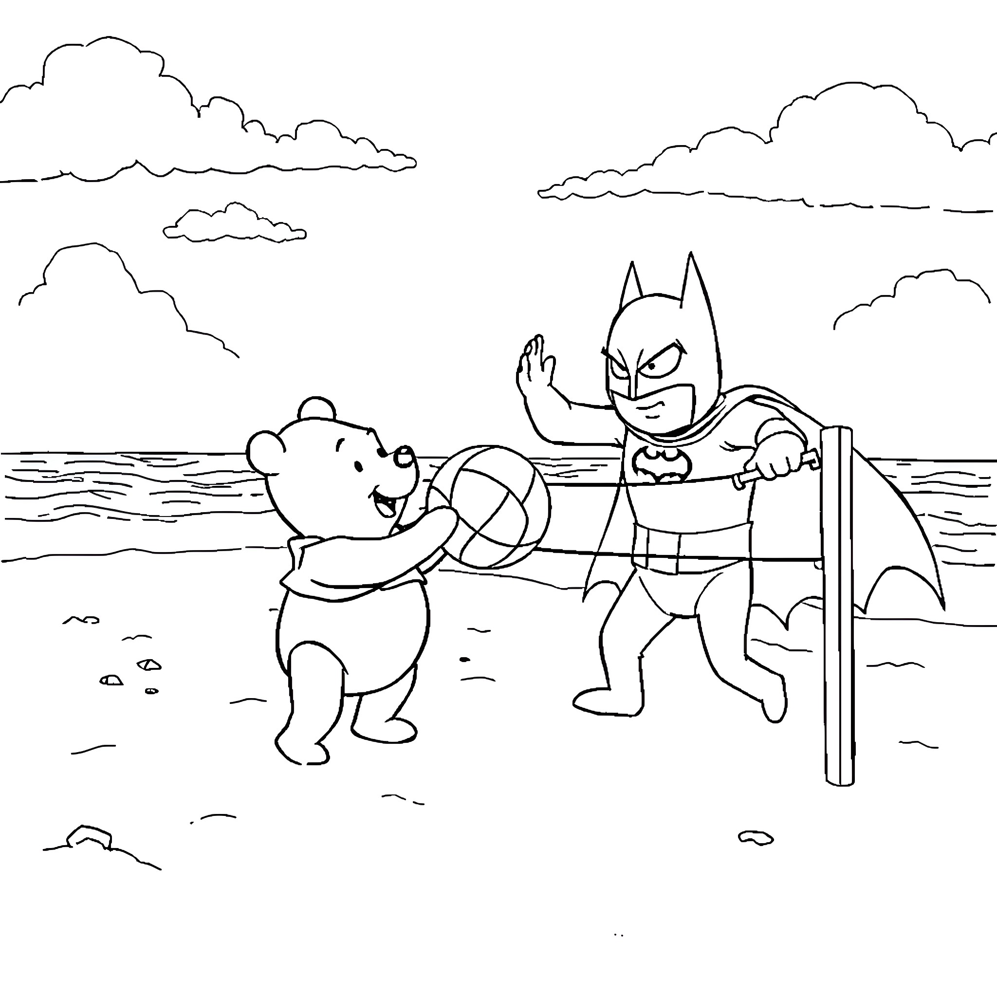 Winnie The Pooh and Batman Enjoy the Beach Together Coloring Page (free black-and-white line drawing printable PDF for all, from beginners to advanced learners, including children, teens, adults, and seniors)