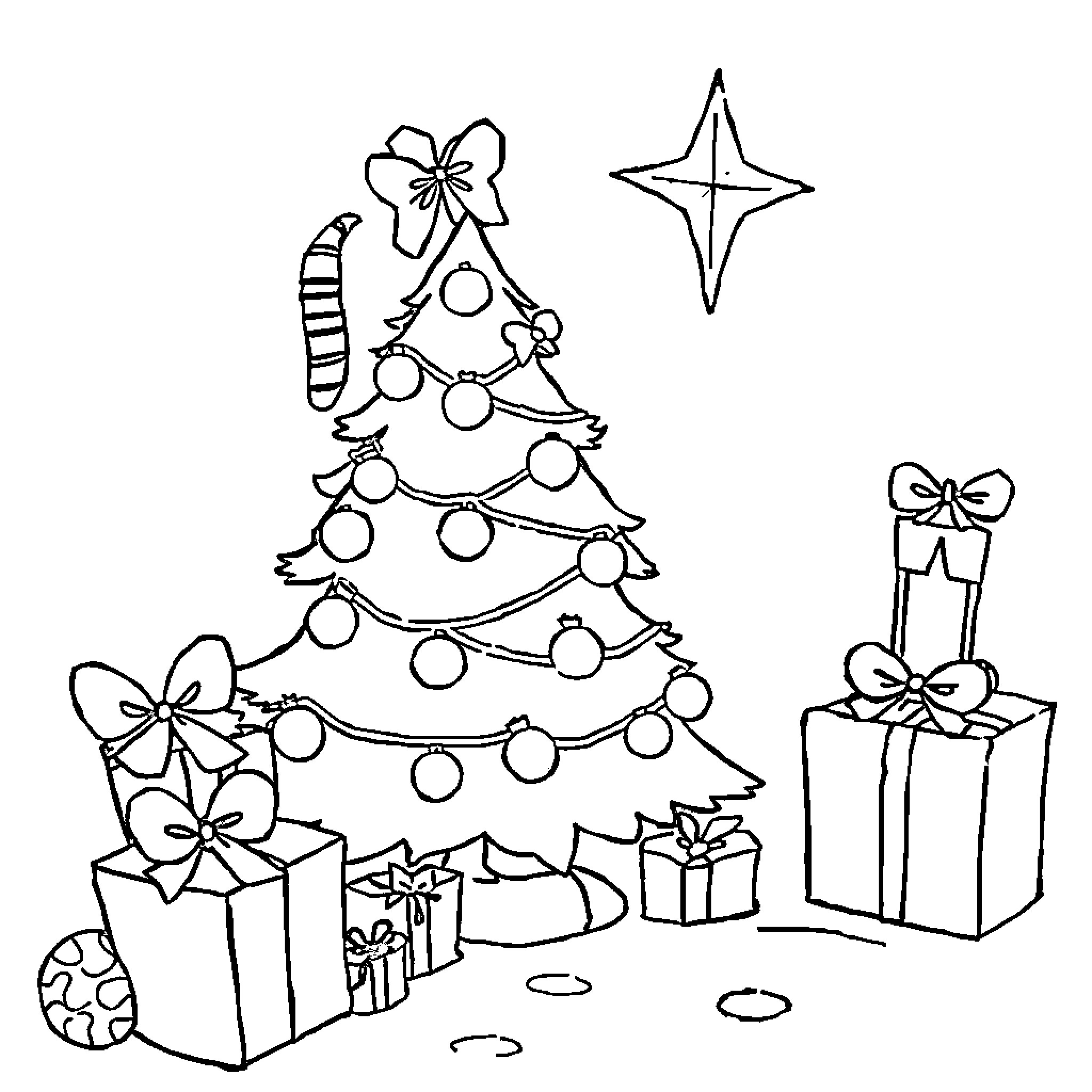 Christmas scene with decorated tree and gifts Coloring Page (free black-and-white line drawing printable PDF for all, from beginners to advanced learners, including children, teens, adults, and seniors)