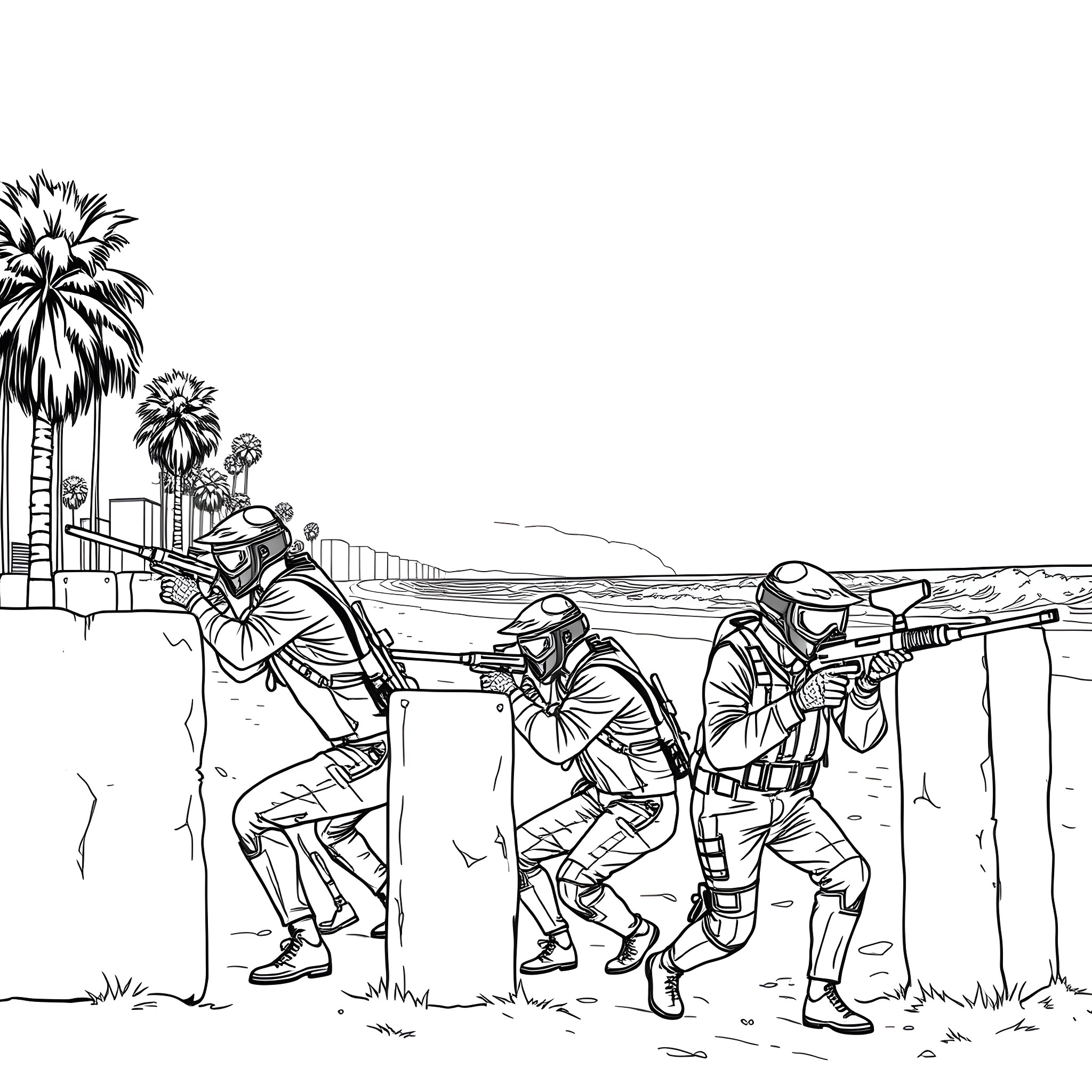 Paintball Players Engaged in an Intense Outdoor Skirmish Coloring Page (free black-and-white line drawing printable PDF for all, from beginners to advanced learners, including children, teens, adults, and seniors)