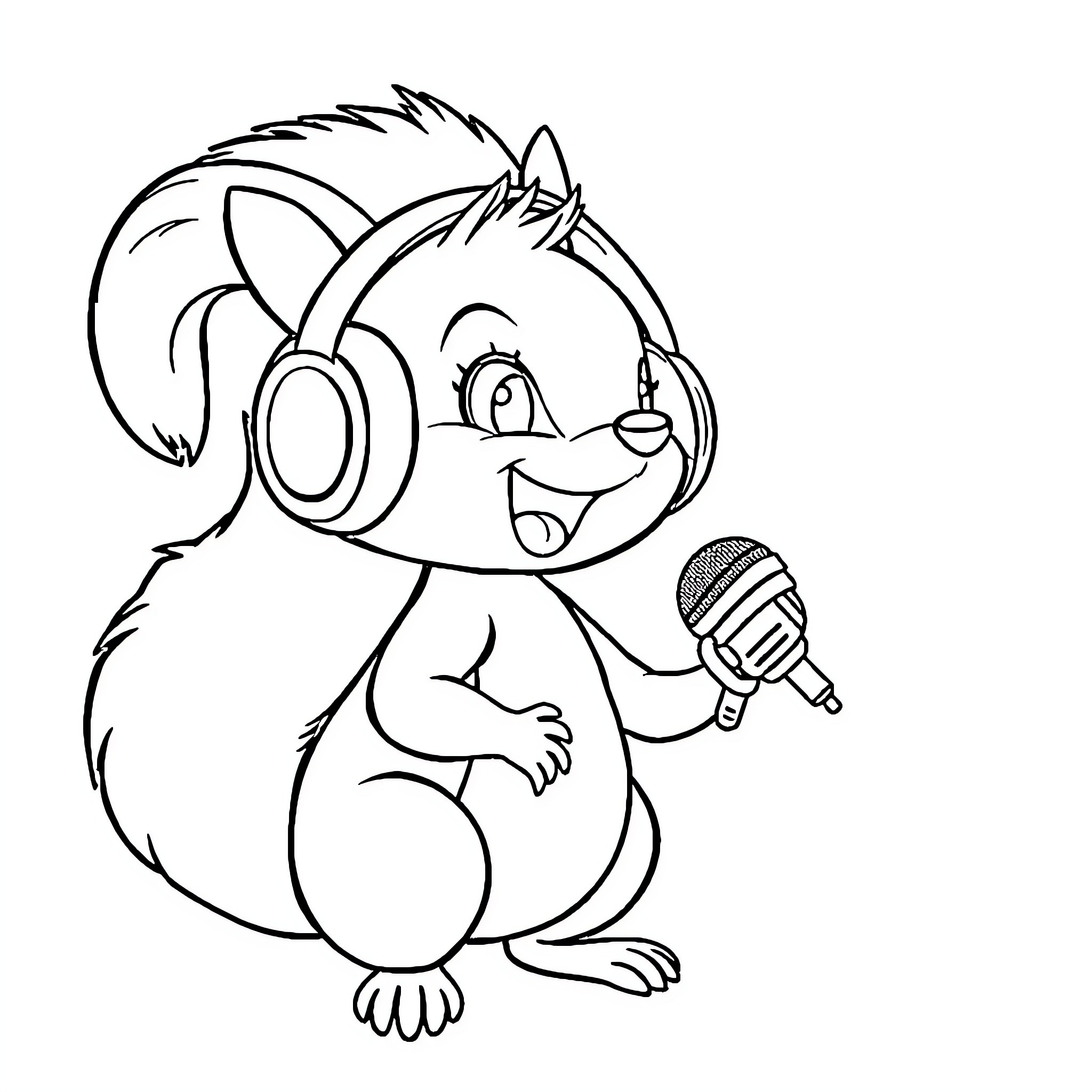 Squirrel singing happily with headphones Coloring Page (free black-and-white line drawing printable PDF for all, from beginners to advanced learners, including children, teens, adults, and seniors)