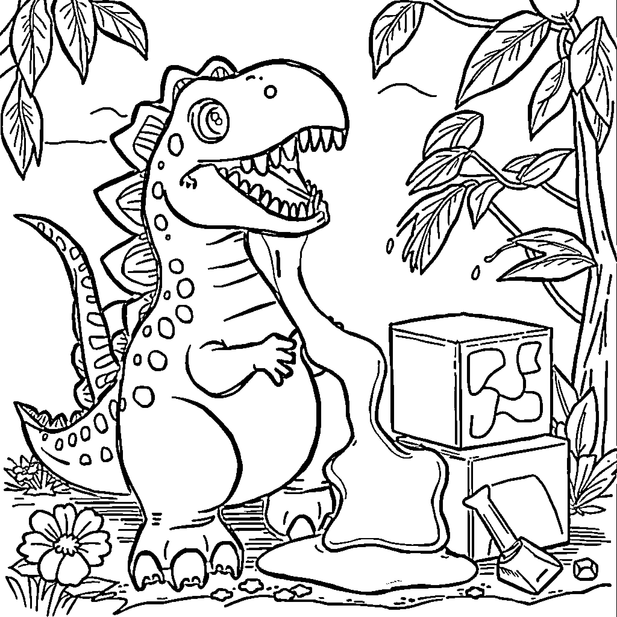 Dinosaur playing with toys in a lush environment Coloring Page (free black-and-white line drawing printable PDF for all, from beginners to advanced learners, including children, teens, adults, and seniors)