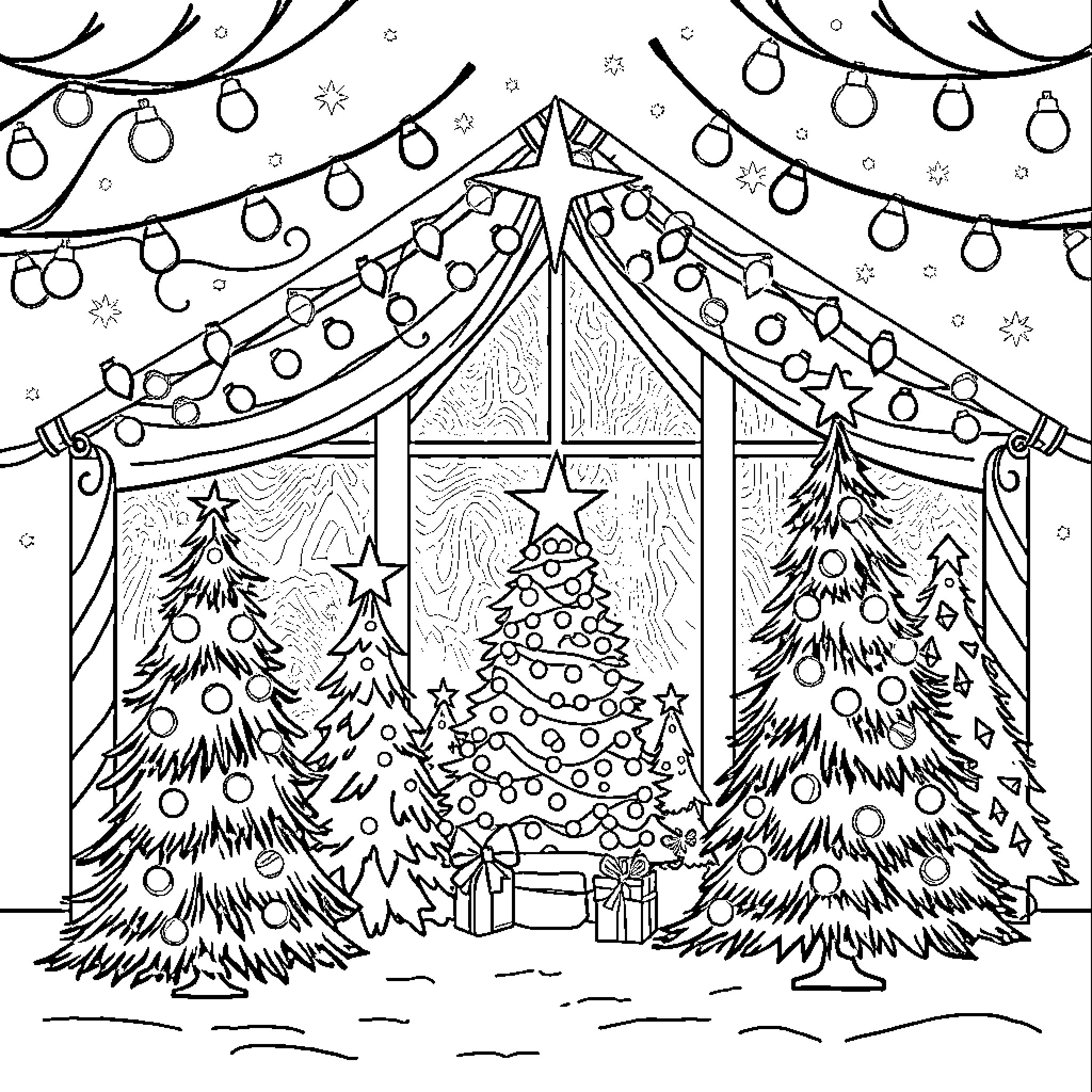 Christmas scene of decorated trees and lights Coloring Page (free black-and-white line drawing printable PDF for all, from beginners to advanced learners, including children, teens, adults, and seniors)