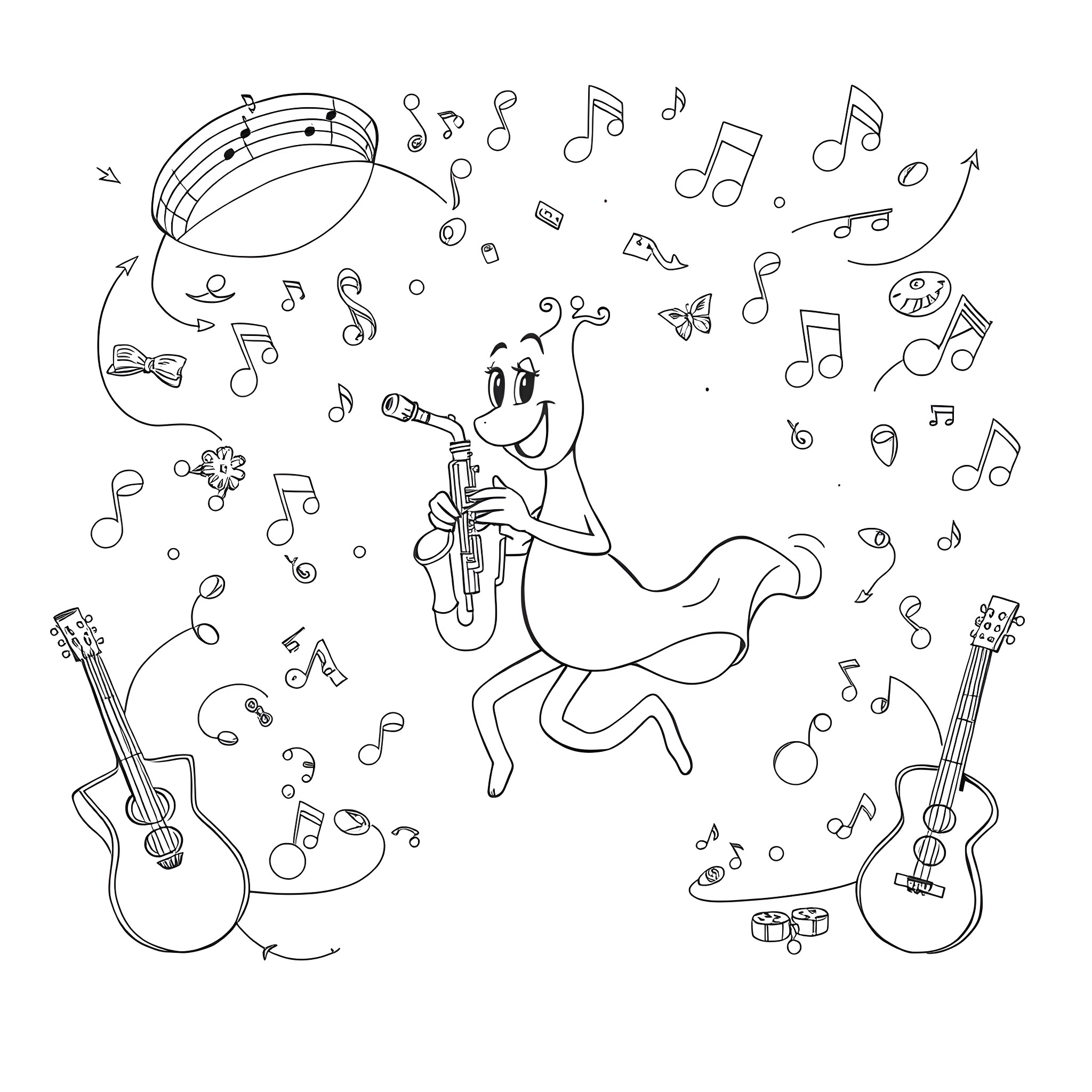 Bix's Musical Adventures with Instruments and Notes Coloring Page (free black-and-white line drawing printable PDF for all, from beginners to advanced learners, including children, teens, adults, and seniors)