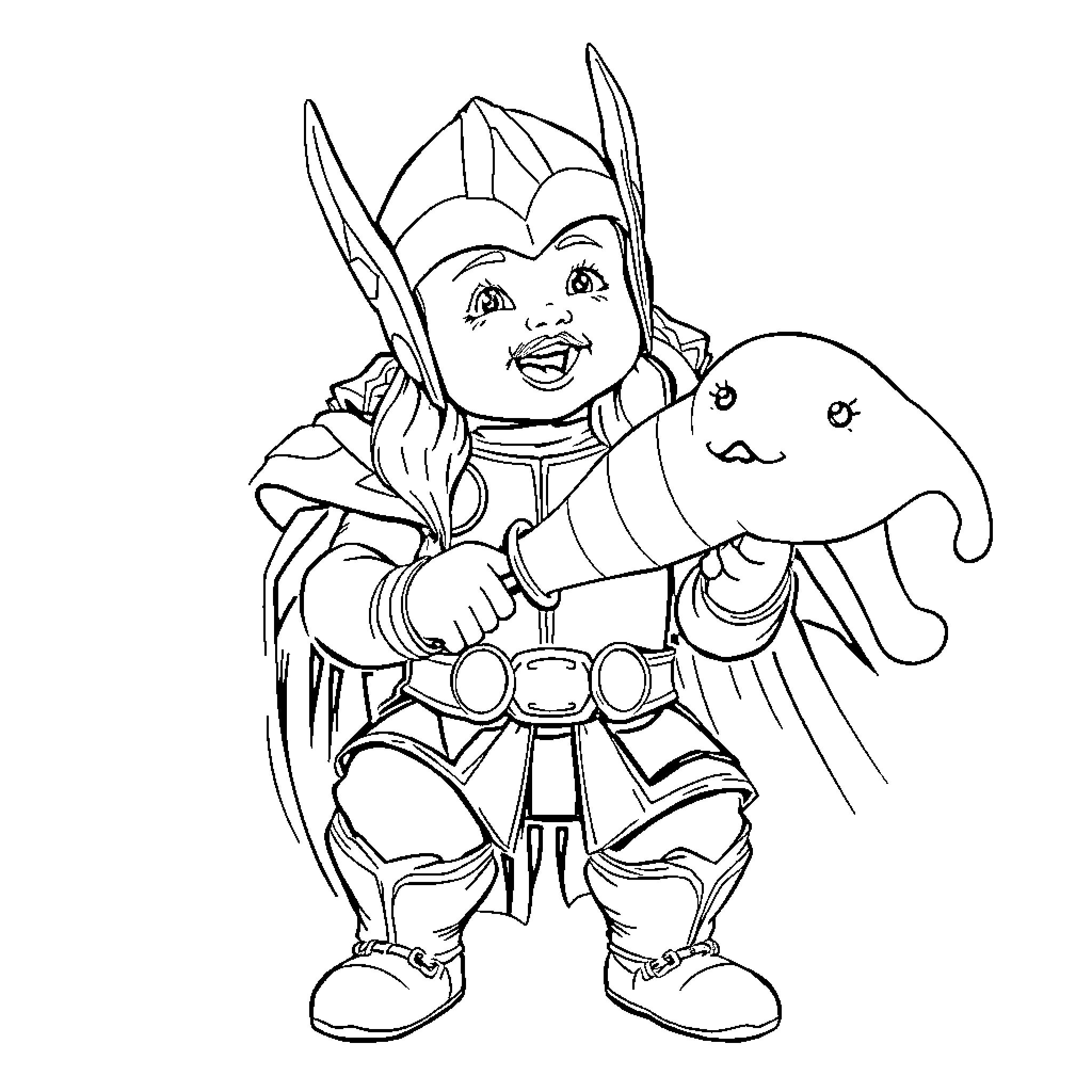 Thor the Playful Warrior in Costume Coloring Page (free black-and-white line drawing printable PDF for all, from beginners to advanced learners, including children, teens, adults, and seniors)