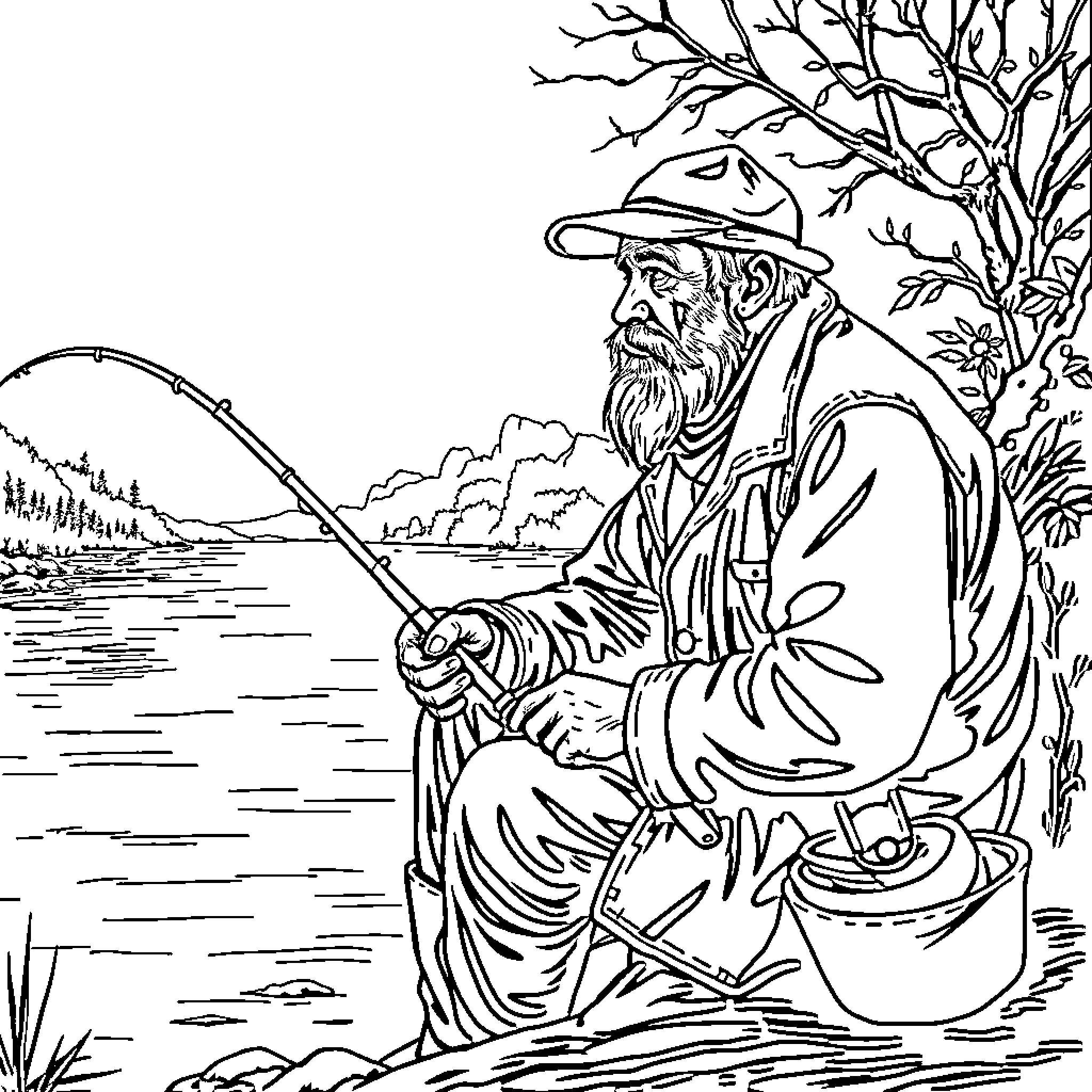 Fisherman relaxing by the river with his fishing rod Coloring Page (free black-and-white line drawing printable PDF for all, from beginners to advanced learners, including children, teens, adults, and seniors)