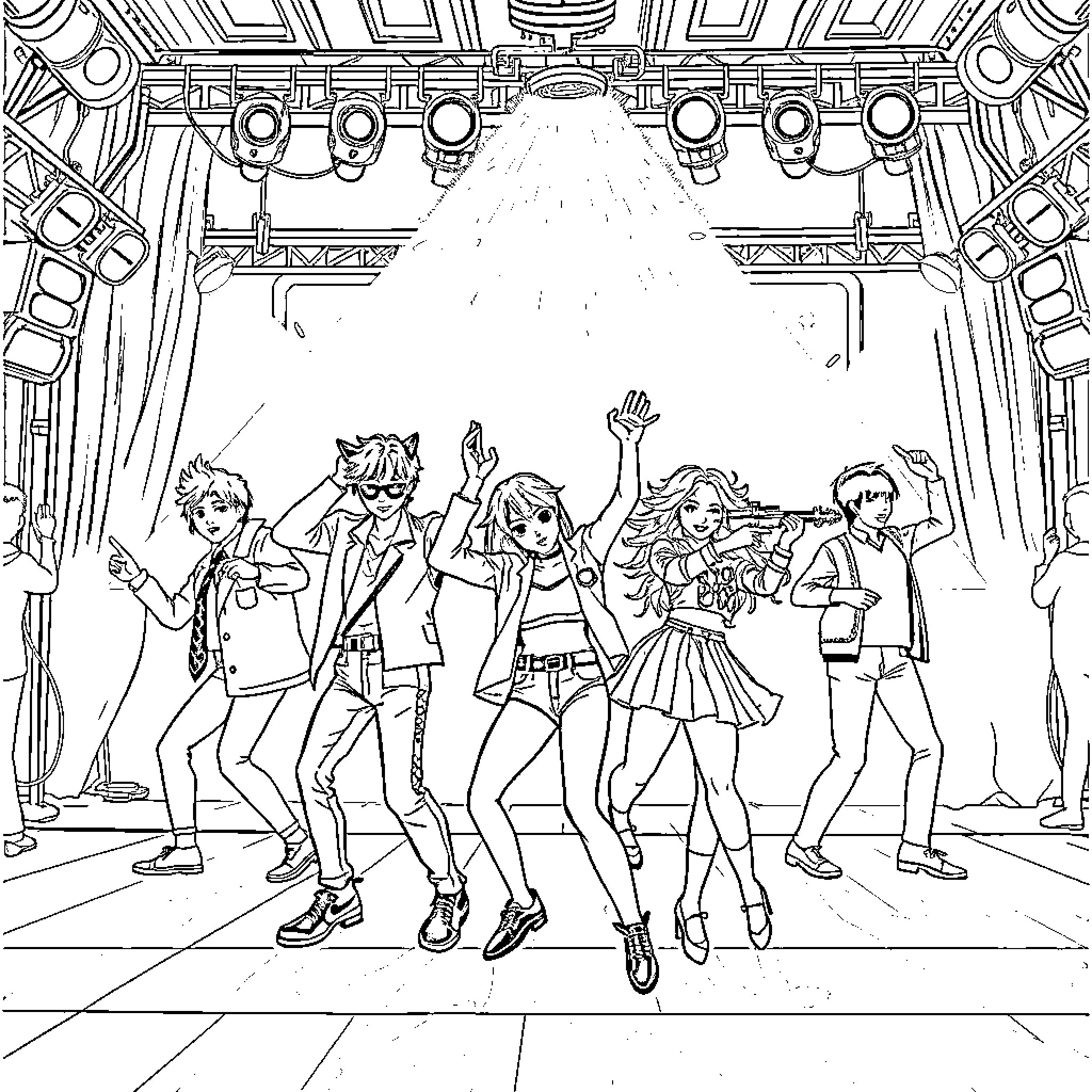 K-pop Hunter: Energetic Performers on Stage Coloring Page (free black-and-white line drawing printable PDF for all, from beginners to advanced learners, including children, teens, adults, and seniors)