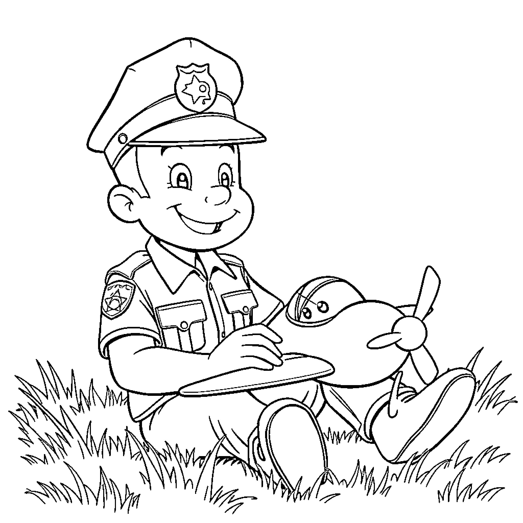 Police Officer interacting with friendly robot in grassy field Coloring Page (free black-and-white line drawing printable PDF for all, from beginners to advanced learners, including children, teens, adults, and seniors)