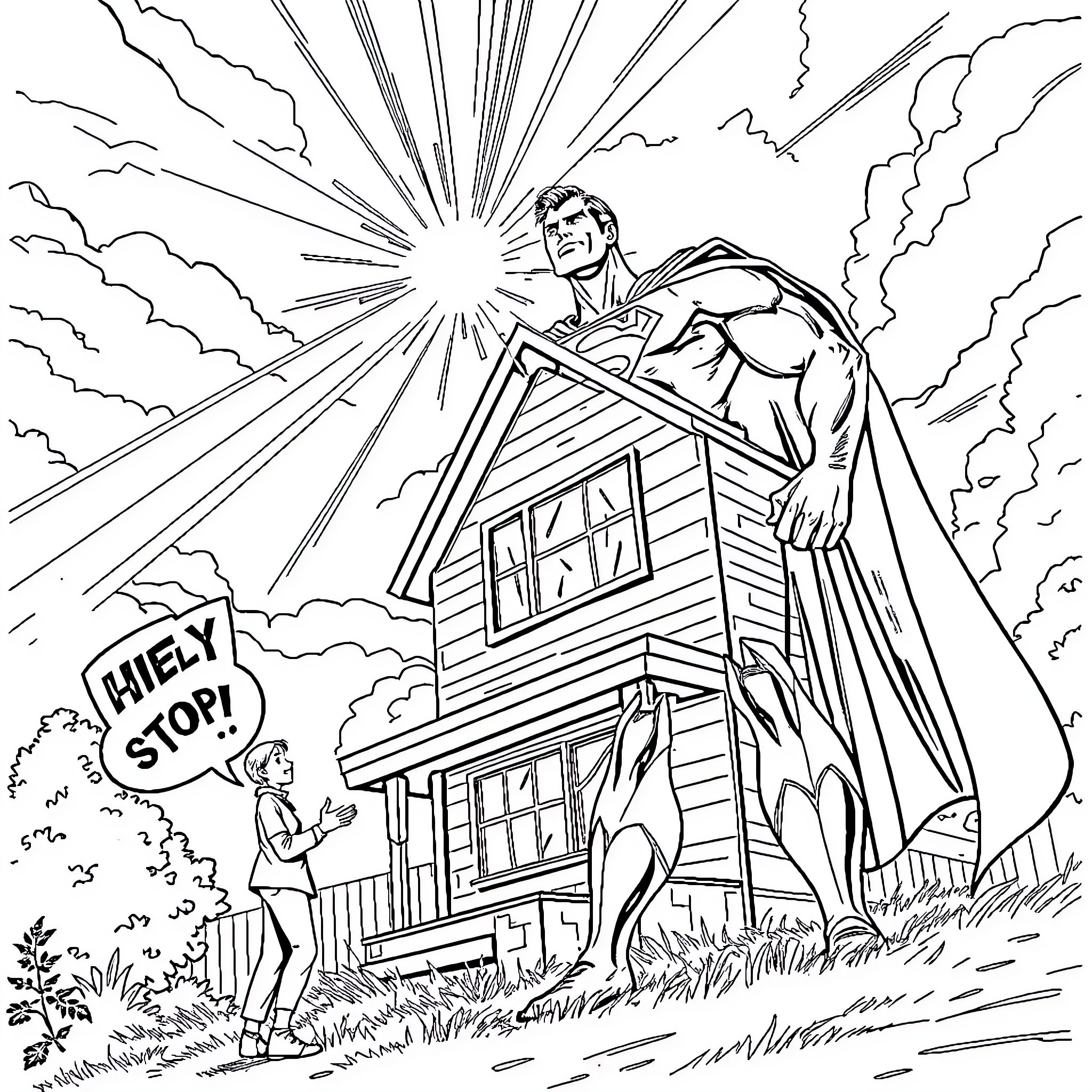 Superman protects a cabin from a powerful storm Coloring Page (free black-and-white line drawing printable PDF for all, from beginners to advanced learners, including children, teens, adults, and seniors)