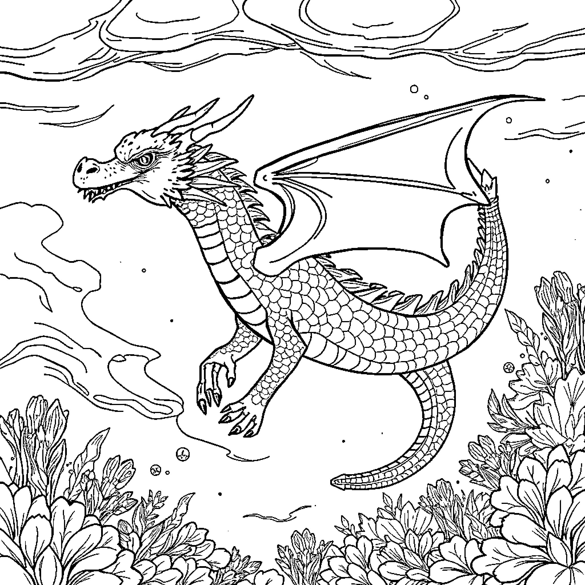 Dragonnite soaring through the enchanted realm Coloring Page (free black-and-white line drawing printable PDF for all, from beginners to advanced learners, including children, teens, adults, and seniors)