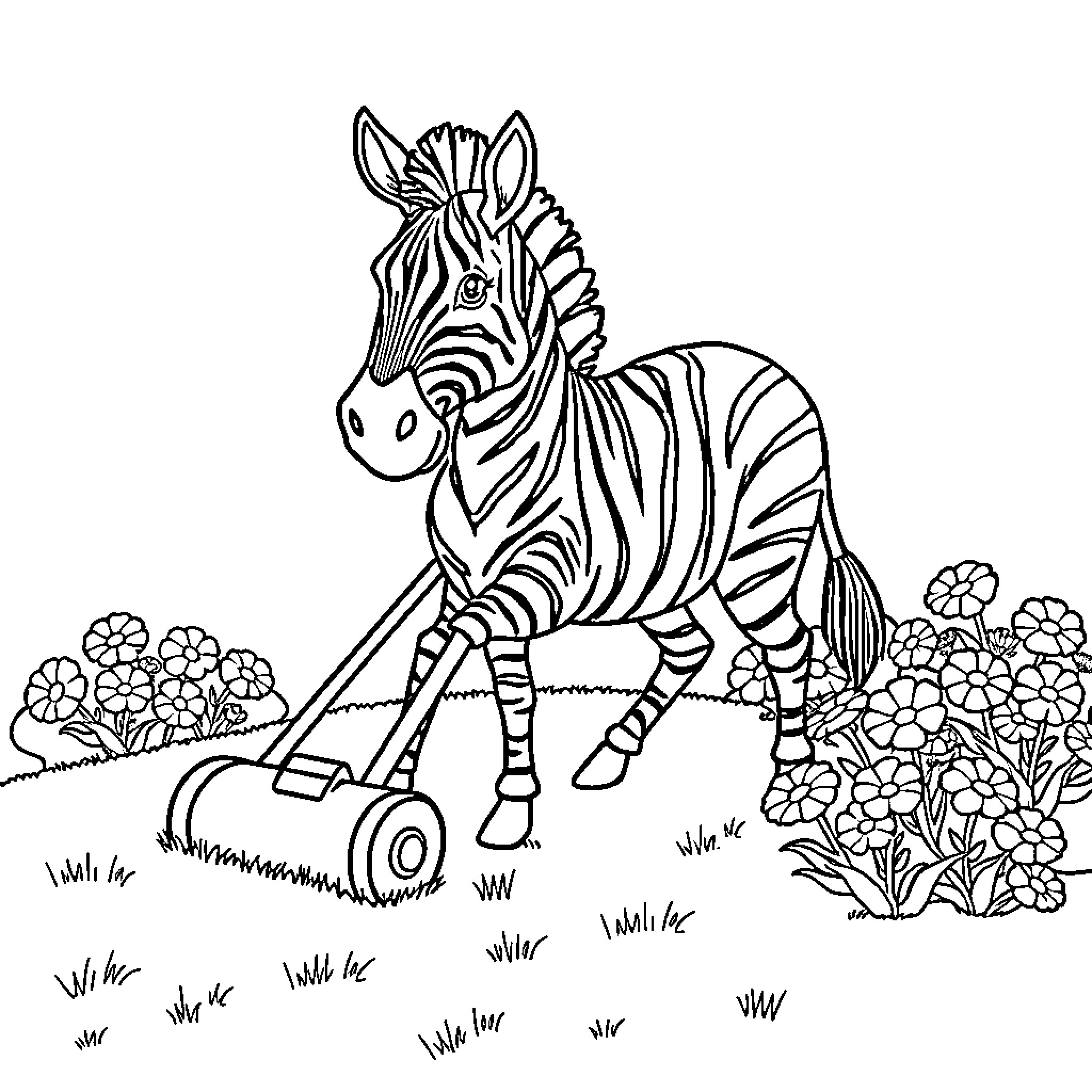Zebra playing in a floral meadow Coloring Page (free black-and-white line drawing printable PDF for all, from beginners to advanced learners, including children, teens, adults, and seniors)