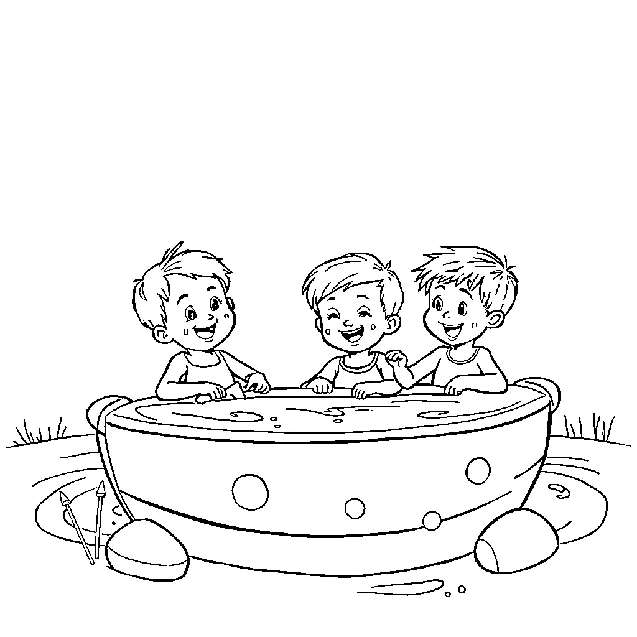 Child playing happily in a polka dot bathtub Coloring Page (free black-and-white line drawing printable PDF for all, from beginners to advanced learners, including children, teens, adults, and seniors)